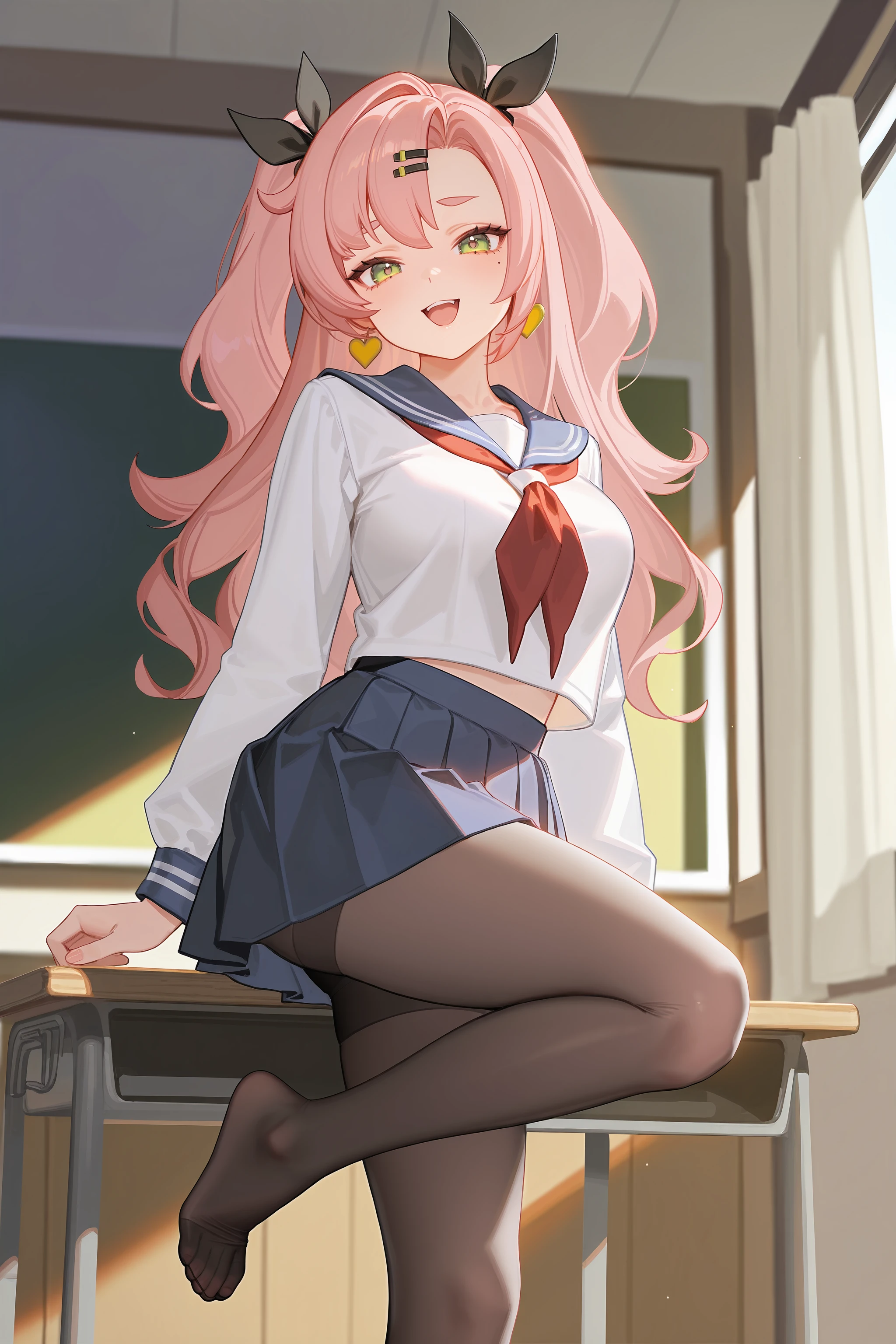 1girl, nicole demara, two side up, hair ribbon, hairclip, solo, serafuku, sailor collar, pleated skirt, pantyhose, no shoes, looking at viewer, light smile, cowboy shot, smile, open mouth, classroom, indoors, depth of field <lora:Char-ZZZ-Nicole-IL-V2:0.9:hr=0.6>, ciloranko, alphonse \(white datura\), ask \(askzy\), gomzi, you shimizu
masterpiece, best quality, amazing quality, very aesthetic, absurdres, newest, (scenery, volumetric lighting)