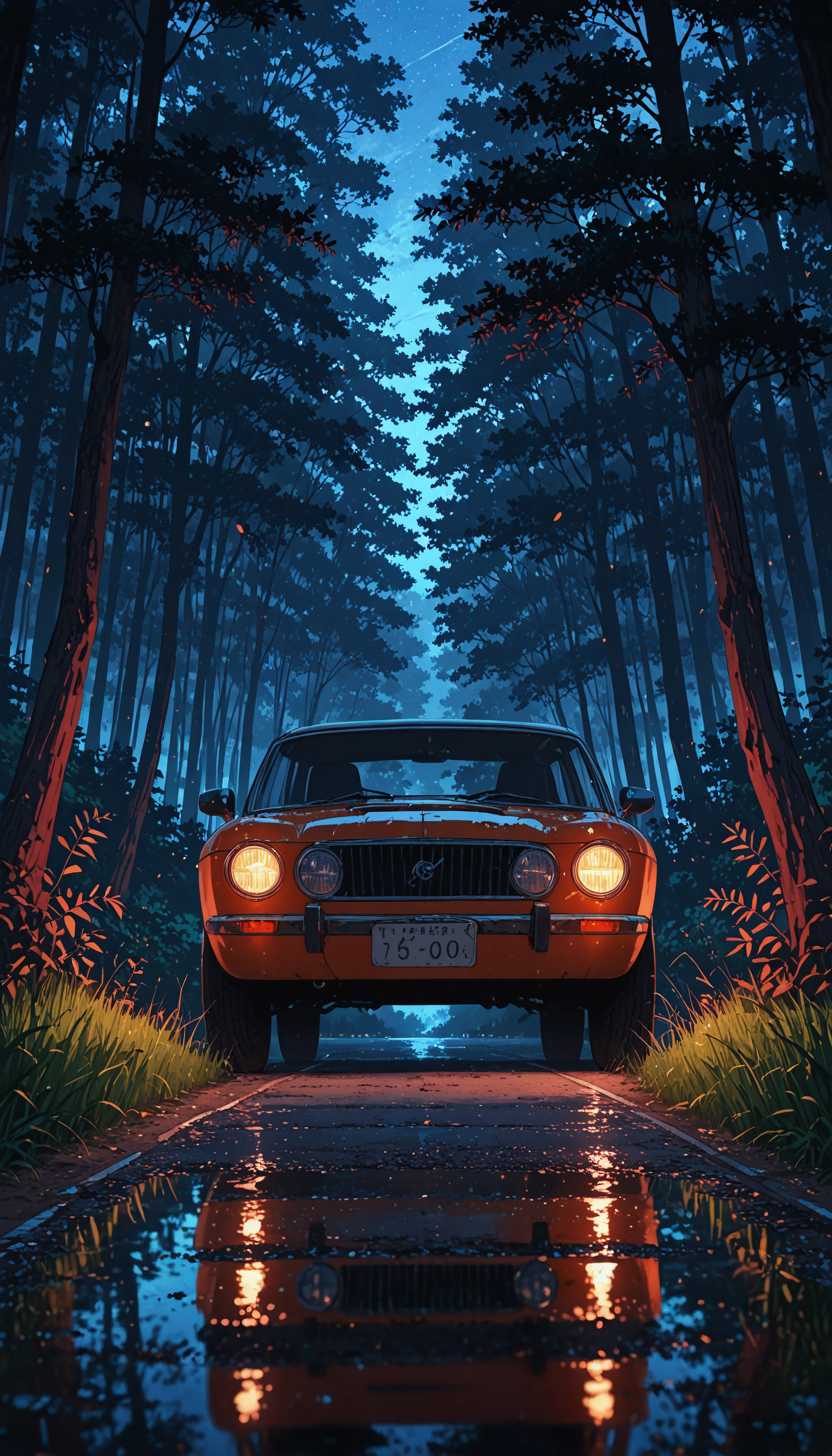 aniwall, anime, aesthetic, 8k wallpaper, detailed, outdoors, water, tree, no_humans, night, leaf, grass, plant, ground_vehicle, nature, scenery, motor_vehicle, forest, reflection, car, road, vehicle_focus, hdr, low contrast,
masterpiece, best quality, absurdres, highres, perfect anatomy, perfect lighting, (sharp image), dynamic angle