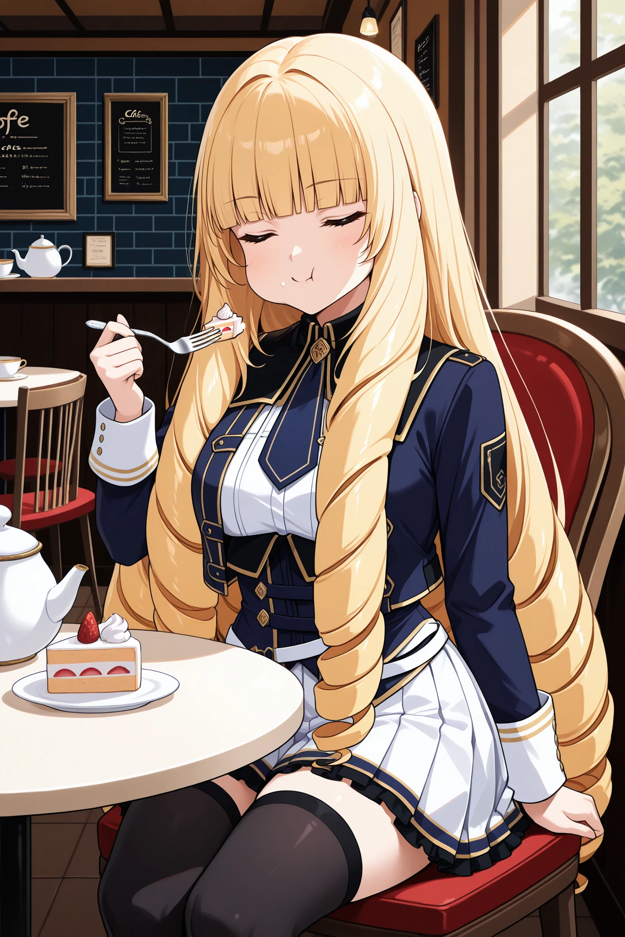 masterpiece, best quality, 1girl, solo, <lora:roseoriana-illu-nvwls-v1-000006:1> sdoriana, blonde hair, very long hair, drill hair, blunt bangs, yellow eyes, dark blue jacket, cropped jacket, long sleeves, dark blue necktie, white shirt, corset, white skirt, pleated skirt, black thighhighs, sitting, round table, teacup, teapot, cake, closed eyes, smile, holding fork, hand up, puffy cheeks, cafe, chair
