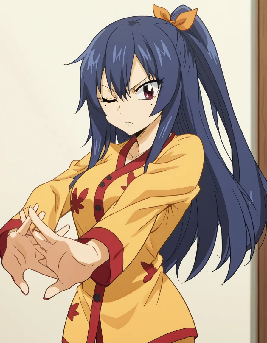 score_9, score_8_up, score_7_up, source_anime, <lora:homura-kougetsu-s1-ponyxl-lora-nochekaiser:1>, homura kougetsu, long hair, blue hair, red eyes, mole, mole under eye, large breasts, anime screencap, <lora:outstretched-arms-cracking-knuckles-ponyxl-lora-nochekaiser:1>, outstretched arms cracking knuckles, stretching, own hands together, outstretched arms, cracking knuckles, one eye closed, pajamas, bedroom,