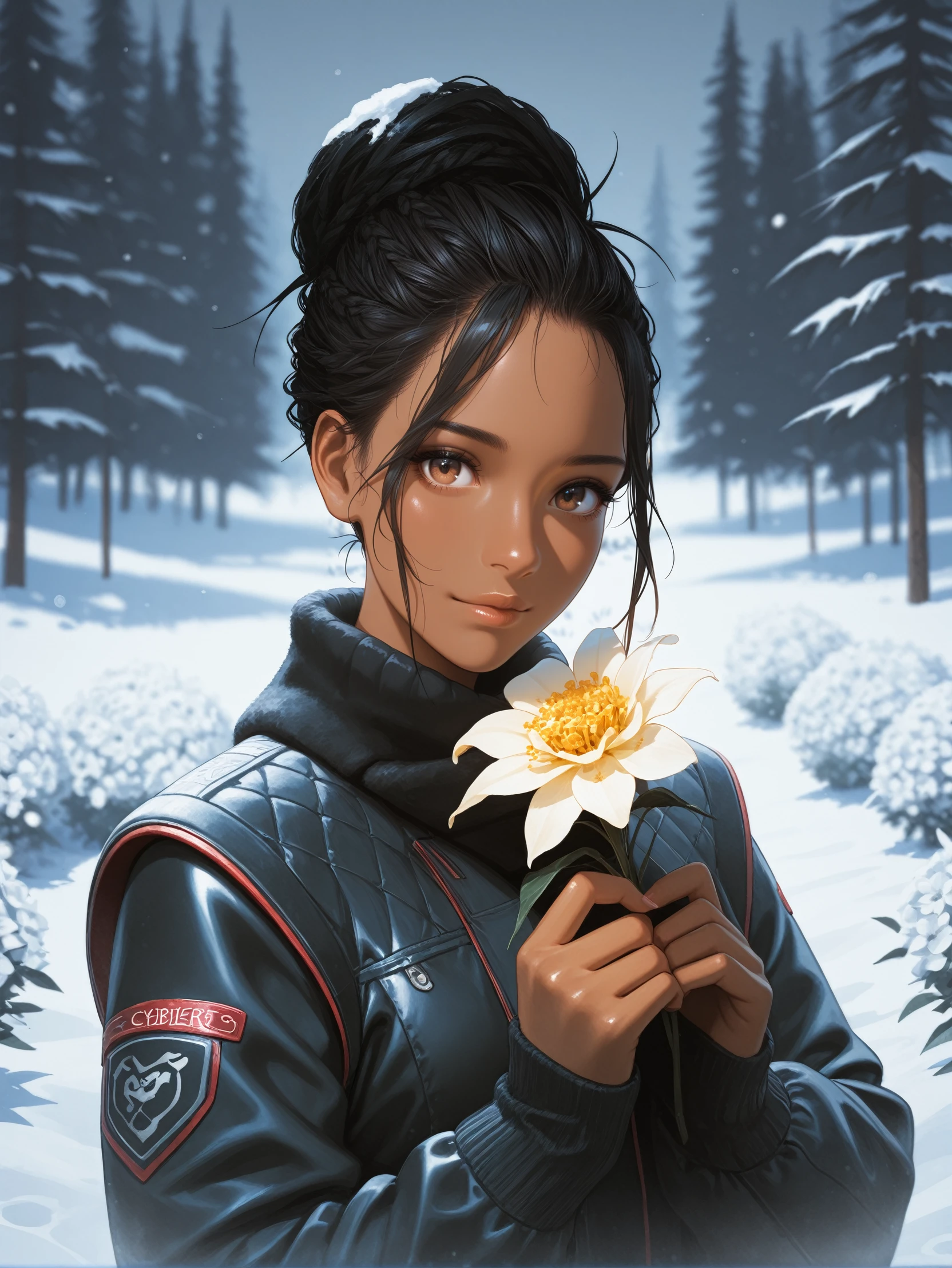 masterpiece, best quality, absurdres,
<lora:ILCyberPanam:1.0>
CyberPanam, 1girl, black hair, brown eyes, dark skin, looking at viewer, in winter,seasonal flower,seasonal background,flower background, posing