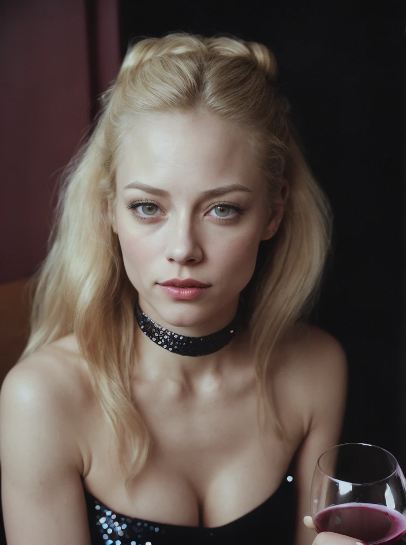 1 girl , standing alone, hair blonde, tatoo, long hair, ha, jewerly, ssmile, necklase, looking at the audience, realisitic, trunk, clavicle, cherry tatoo, blue colored eyes, lips, rewarded photography, bokeh, Depth of field, HDR, blossom