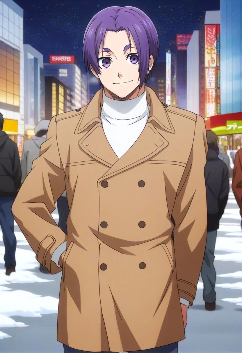 ((masterpiece)), ((best quality)), ((ultra-detailed)), ((absurdres)), score_9_up, score_8_up, score_7_up,
HD, top quality, best quality, amazing quality, High-quality illustrations, anime screencap, source_anime, best aesthetic, perfect proportions, perfect eyes, 1boy, 1male, solo boy, solo male, male focus, solo male focus, Anime, boy, male anime character, anime boy, handsome, cute, charming, sexy, good-looking, Reo Mikage, purple hair, split bangs, purple eyes, ((long jacket coat, winter coat, white turtleneck shirt, blue pants)), ((cowboy shot, head to hips shot)), ((tall body, tall height)), ((lean body)), ((happy, smile)), ((Japan, Tokyo city, buildings, street, outside, public)), ((Christmas, Christmas lights, snow, winter))