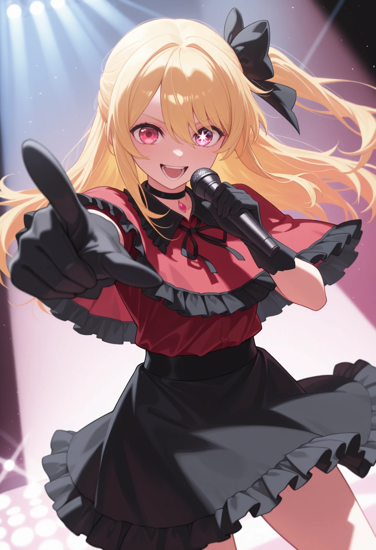 masterpiece, best quality, newest, solo, 1girl, rbhshnidol, :d, teeth, looking at viewer, singing, holding microphone, outstretched arm, pointing at viewer, long hair, blonde hair, sidelocks, hair between eyes, one side up, hair bow, black bow, pink eyes, mismatched pupils, star-shaped pupils, idol clothes, frills, red capelet, frilled capelet, collared capelet, neck ribbon, black ribbon, red shirt, black gloves, black skirt, frilled skirt, black choker, concert, stage, spotlight
<segment:yolo-Anzhc Face seg 640 v2 y8n.pt,0.4,0.5//cid=1>