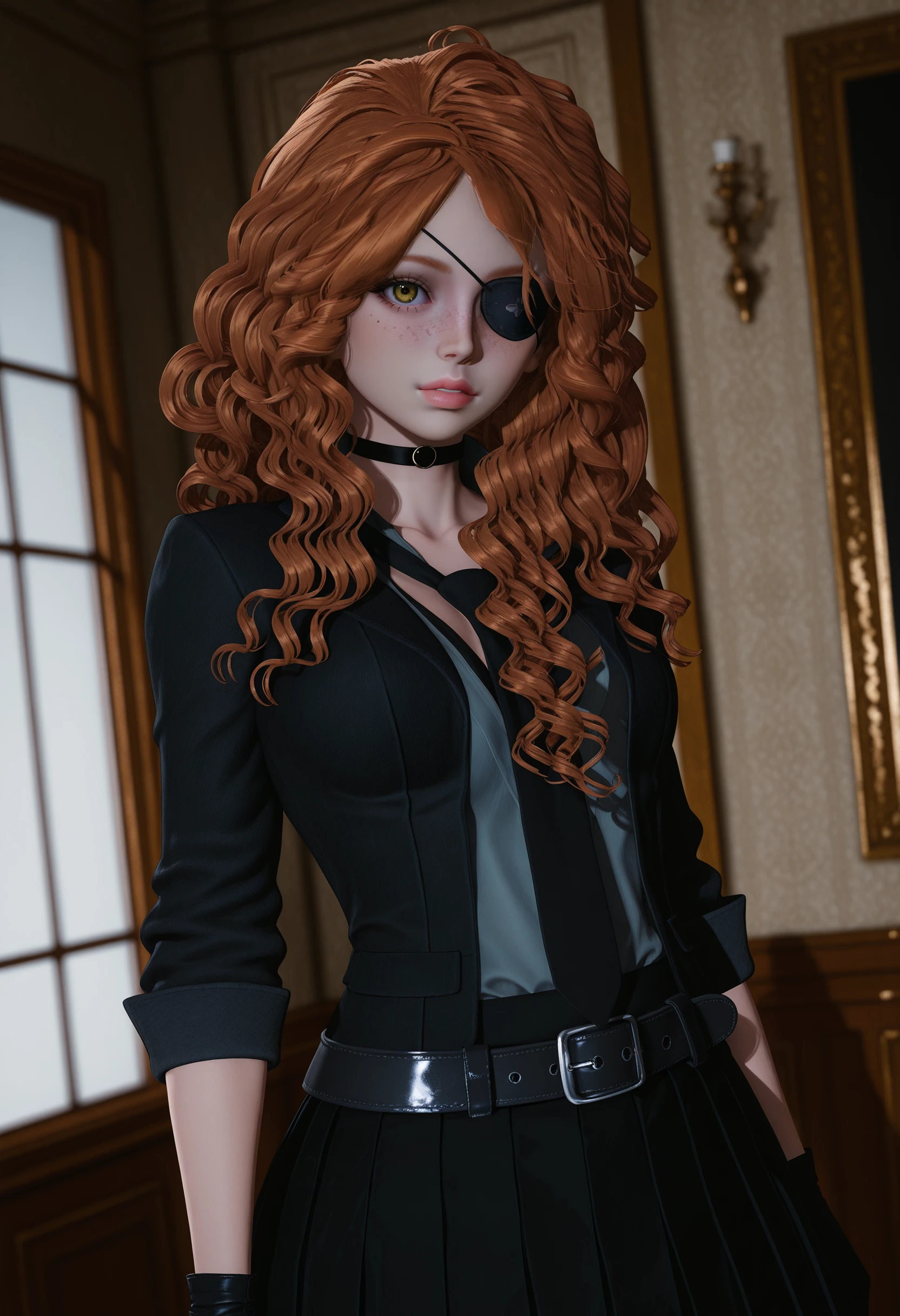 1girl, solo, curly hair, long hair, black jacket, grey undershirt, black choker, black necktie, black pleated skirt, black gloves, black eyepatch, yellow eye, belt, orange hair, looking at viewer, masterpiece, best quality, newest, absurdres, highres, depth of field, high quality, detailed, 3d, realistic, <lora:Nova ILLUST Eternum V1.8 By DreamImg:1> novaet, freckles, medium breasts