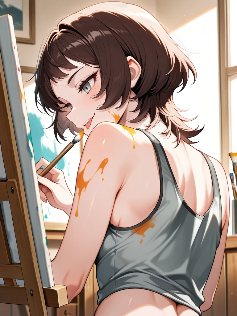 Highest quality,masterpiece,Black Hair,,pubic hair,I'll be a nude model for my junior boys.,Art Department,Art room,Nude drawing,kind,smile,Pussy