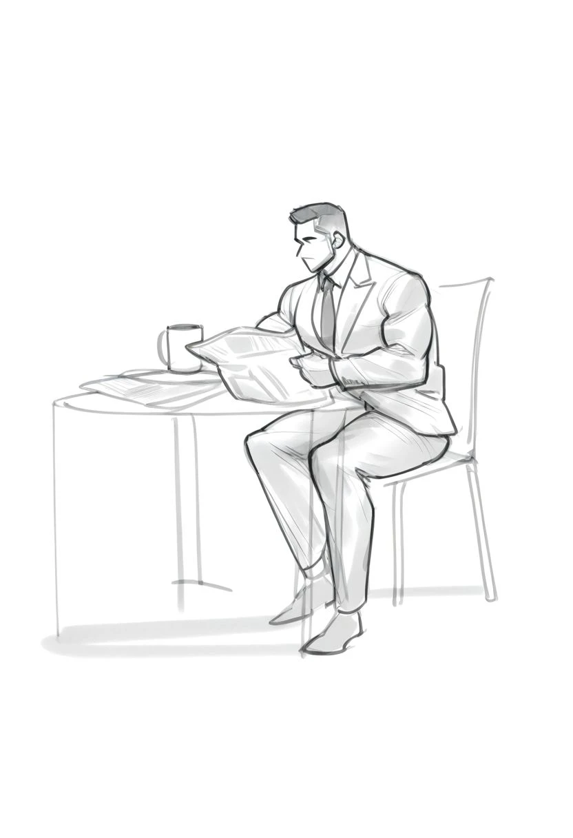 1boy,solo,muscular male,
shadow,draft,monochrome,greyscale,sketch,lineart,white background,
suit,tie,pants,sitting, chair,table,coffee mug, newspaper,
<lora:simple_lineart-IL:0.8>,<lora:MordekaiserPentakill_LoL_V1.1_ILXL:1>,