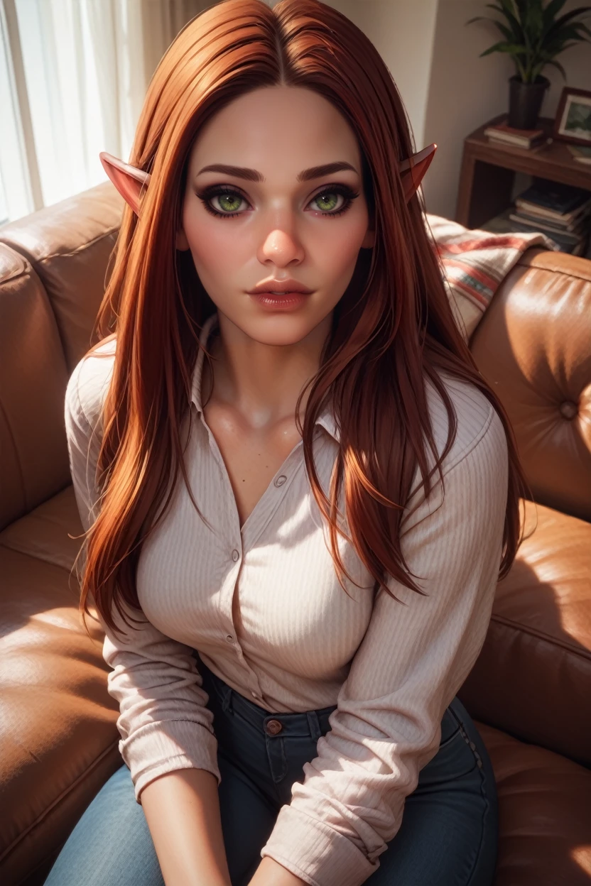 Altamente detalhado, seductive erotic female with horns, camisa justa, (peituda, are so big that the shirt keeps bursting, cabelo vermelho), centrado no rosto, rosto focado, olhos intrincados,