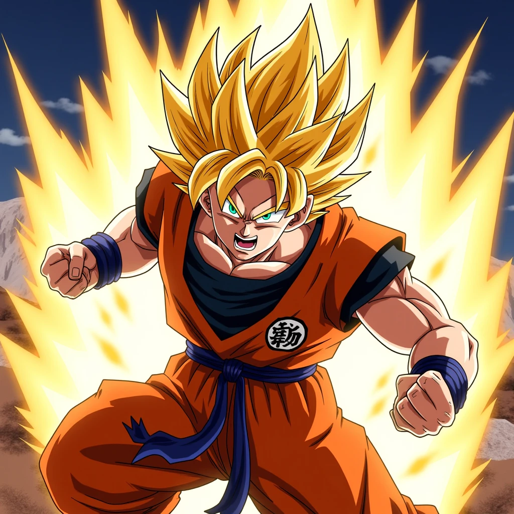 gokuwiro, A cocky fighter with wild blonde hair, wearing a sleeveless fighting suit, charging towards his opponent with a confident grin, his fists glowing with power.