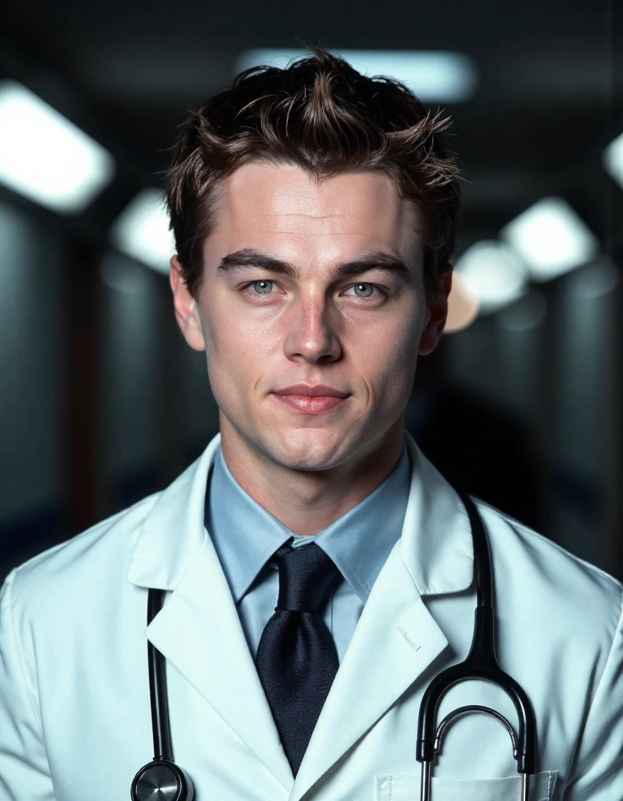 <lora:leonardo-dicaprio-ca1997-000004:1> man wearing a white lab coat and stethoscope, name tag, background is an emergency room at a hospital., Extreme Close-Up, Zoomed, Focus On Face, Centered, Macro Shot, Face Centered, Focus On Eyes, Looking Directly At The Viewer, Looking Directly At The Camera, Making Eye Contact, Looking Straight Ahead, <lora:zz_s_Chest_Size_Slider:-2> High Collar, Chest Covered, Glow Effects, God Rays, Hand Drawn, Render, 3d Render, Octane Render, Cinema 4d, Blender, Dark, Atmospheric 4k Ultra Detailed, Cinematic, Sharp Focus, Big Depth Of Field, Masterpiece, Colors, 3d Octane Render, 4k, Concept Art, Trending On Artstation, Hyper Realistic, Vivid Colors, Extremely Detailed Cg Unity 8k Wallpaper, Trending On Cgsociety, Intricate, High Detail, Dramatic, Professional Photo, Glow Effects, God Rays, Cinematic, Sharp Focus, Big Depth Of Field, Masterpiece, Colors, 4k, Hyper Realistic, Vivid Colors, Extremely Detailed, 8k Wallpaper, Intricate, High Detail, Dramatic Lighting, High Contrast, Shadows, Highlights, Cinematic, Atmospheric <lora:zz_s_Fluxartis:0.5> A highly detailed cinematic photography <lora:zz_s_Stylish_Lighting:0.5>