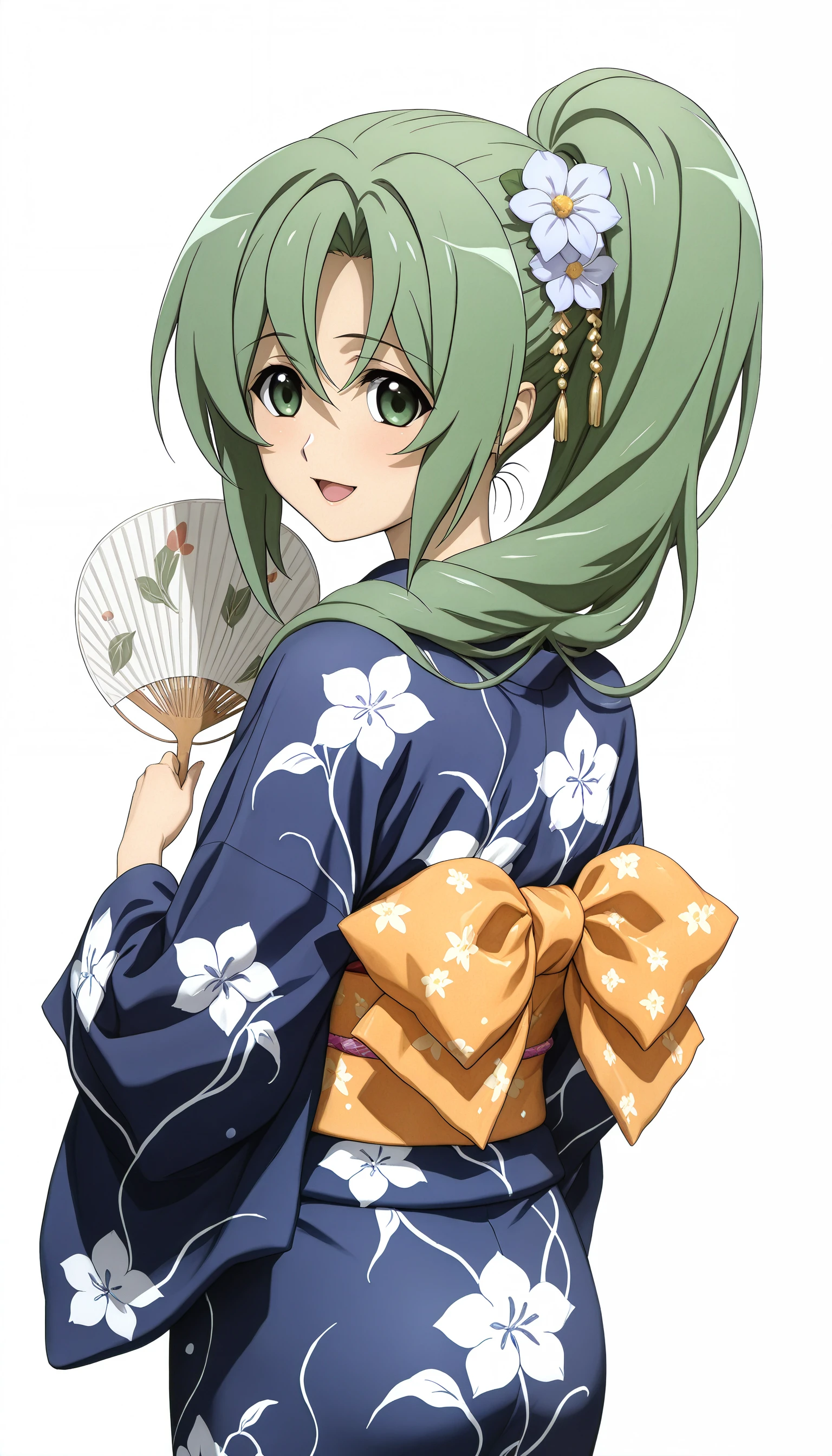 ((SK-Illu, sakai_kyuuta, 1girl, solo, long_hair, looking_at_viewer, smile, open_mouth, simple_background, hair_ornament, photoshop_(medium), white_background, bow, very_long_hair, green_eyes, ponytail, flower, japanese_clothes, green_hair, looking_back, official_art, hair_flower, wide_sleeves, kimono, from_behind, scan, sash, obi, floral_print, hand_fan, third-party_edit, yukata, blue_kimono, higurashi_no_naku_koro_ni, paper_fan, uchiwa, sonozaki_mion))