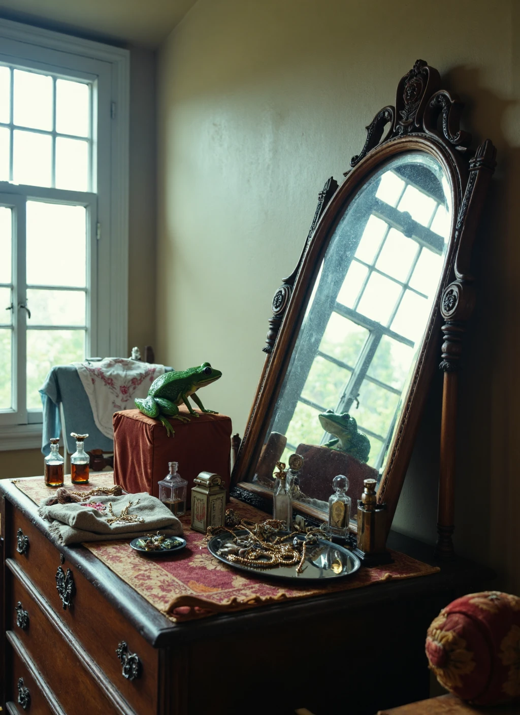 { "T5": "A hyperrealistic, photographic style image captured from a 45-degree angle, looking down onto a worn, wooden dresser with a large, ornate mirror at an angle, propped against the wall. The mirror reflects a small, vibrant green frog sitting on a cluttered, velvet-covered stool in front of the dresser, its little hands grasping the edge of the stool, with an inquisitive expression on its face. The frog's skin glistens with dew, showing every minute detail of its texture. The dresser is adorned with old perfume bottles, antique jewelry, and faded, floral-patterned cloth. The background is a soft, warm-colored room with large, sunlit windows, casting a gentle glow on the entire scene. The mirror's surface shows subtle signs of aging, with faint streaks and minimal distortion, adding to the realism of the reflection. Every detail, from the intricate patterns on the velvet to the delicate features of the frog, is rendered in exquisite detail, with precise attention to lighting, textures, and colors.", "CLIP-L": "mirror reflection, frog, wooden dresser, ornate mirror, velvet stool, perfume bottles, antique jewelry, floral patterns, hyperrealistic, photographic style, warm colors, soft lighting, detailed textures, aged mirror, sunlit windows" }