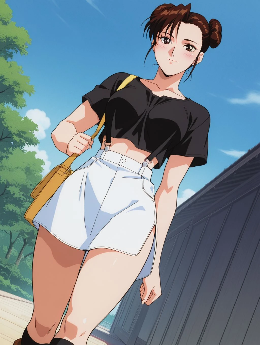 masterpiece, best quality, newest, absurdres, highres, detailed eyes, beautiful, detailed background, perfect eyes, anime coloring, anime screencap, 1990s \(style\), 1girl, solo, mature female, chun-li, brown hair, bangs, short hair, ponytail, brown eyes, medium breasts, black t-shirt, short sleeves, midriff, white buttoned skirt, suspenders, black kneehighs, ankle boots, shoulder bag, looking at viewer, smile, blush, (outdoors), dutch angle, cowboy shot, <lora:chunli_sf2m_illus-05:0.8>