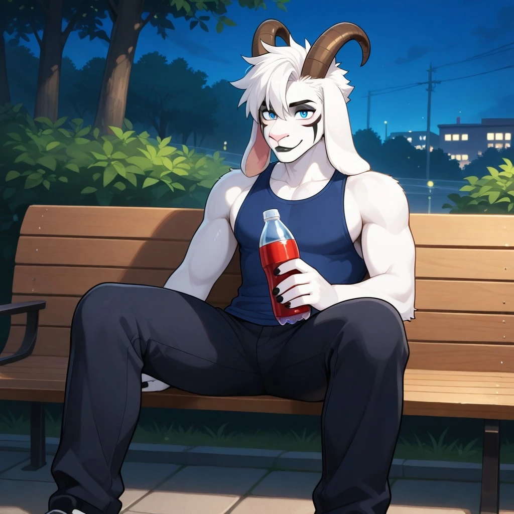 source_furry
anthro, solo, blue tanktop, ((male, 1boy)), PyroAz, goat, white fur, blue eyes, facial markings, eyeliner, white punk alt hair, black lipstick, brown horns, long floppy ears, outdoors, detailed background, park, sitting, smiling, black jeans, holding soda bottle,
 <lora:[oc] Pyro-000017:1>