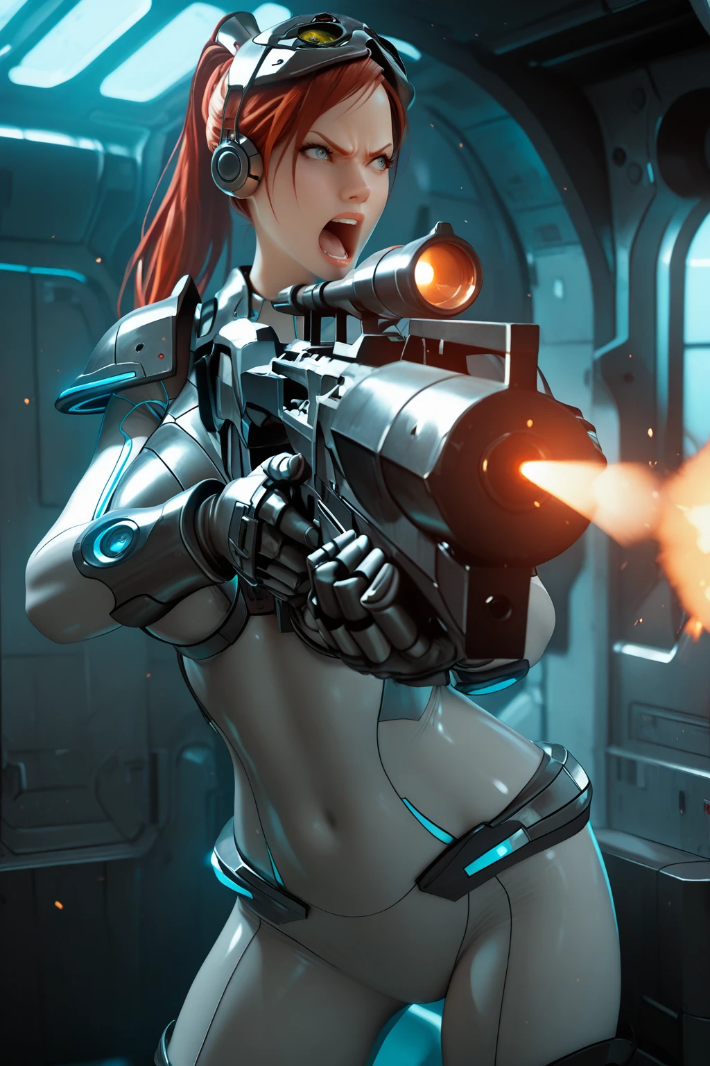 masterpiece, good quality, best quality, very awa, very as2, absurdres, highres, 3d
<lora:Sarah KerriganilluLoRA:1> long hair, srahkrrign, ponytail, shoulder armor, breastplate, bodysuit, goggles on head, headphones, gloves, skin tight, bracer, neon trim, glowing, holding sniper rifle, indoors, (firing), angry, open mouth, solo, aiming, spaceship, space, transport cargo,