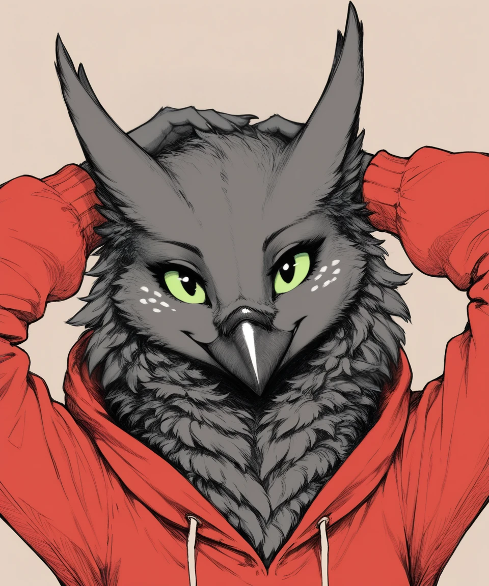 sketch, lineart, hatching \(art\),
velari, headshot portrait, looking at viewer, red hoodie, smile, arms above head