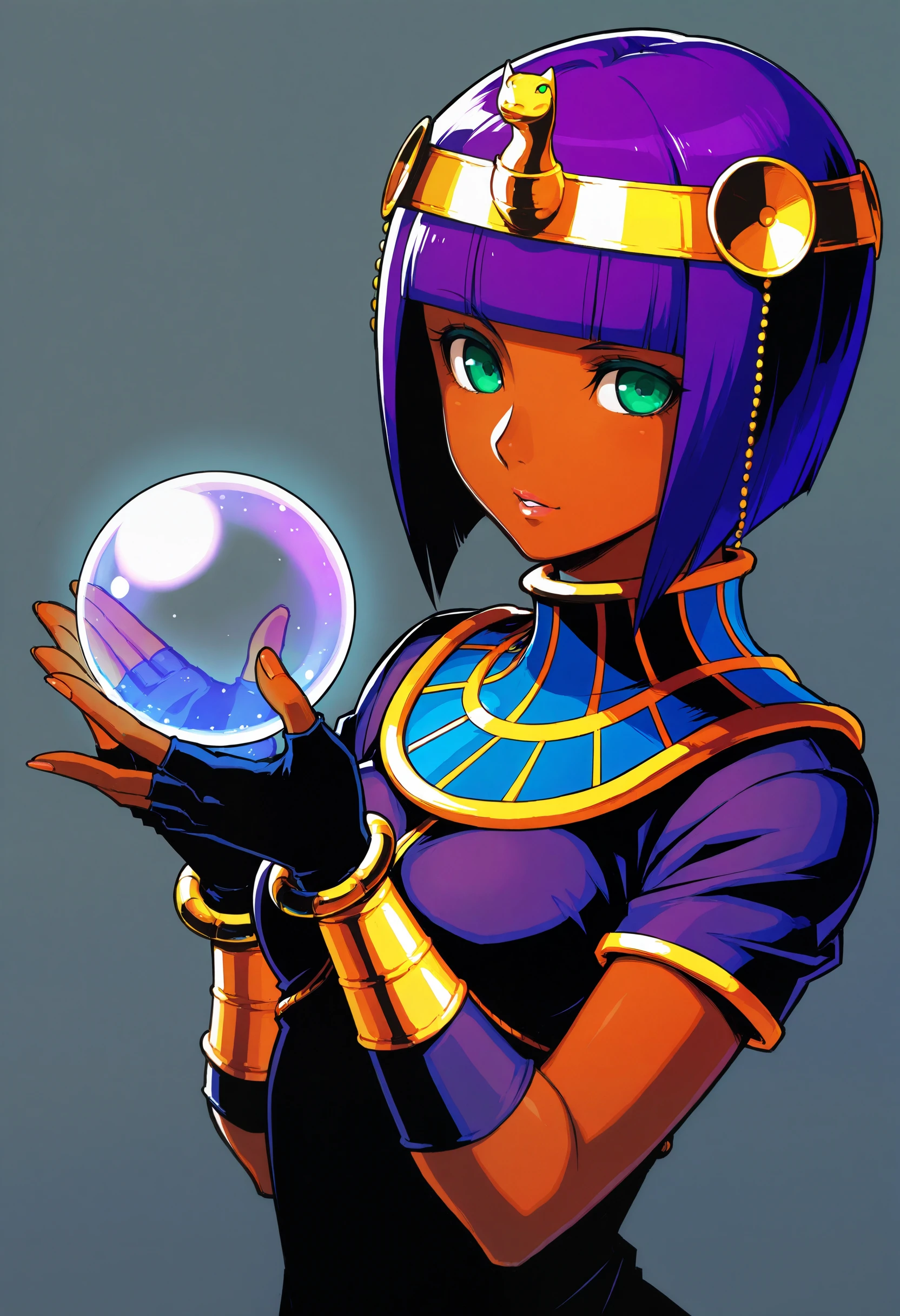1girl,solo,dark skin, purple hair, menat, short hair, crystal ball, blunt bangs, fingerless gloves, green eyes, bracelet, bob cut, egyptian, circlet,