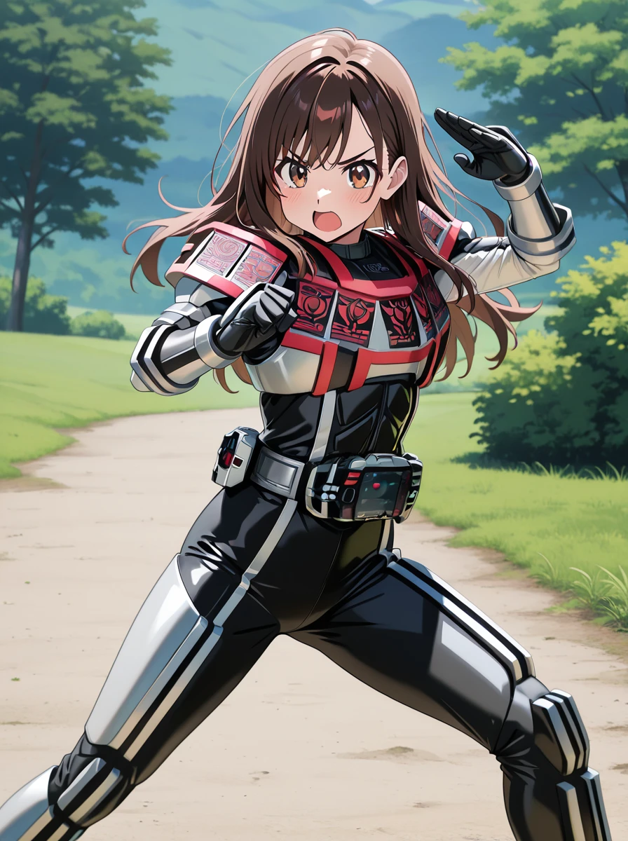masterpiece, best quality, amazing quality, very aesthetic, absurdres, newest anime screenshot, anime coloring,
<lora:DecadeComplete:1>completeform, armor, solo, belt, tokusatsu, , standing, rider belt 1girl long hair, fighting stance, looking at viewer, brown eyes open mouth,
