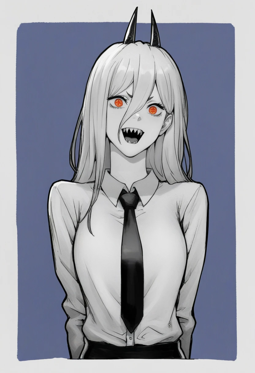 best quality, amazing quality, very aesthetic, absurdres, monochrome, greyscale,
BREAK
1girl, power \(chainsaw man\), horns, red eyes, cross-shaped pupils, long hair, sharp teeth, hair between eyes, symbol-shaped pupils,
collared shirt, black necktie, long sleeves,
looking at viewer, white shirt, open mouth, arms behind back,
simple background, white background, smile, upper body, <lora:HeeGwangKangNoobLocon_byKonan:1>
