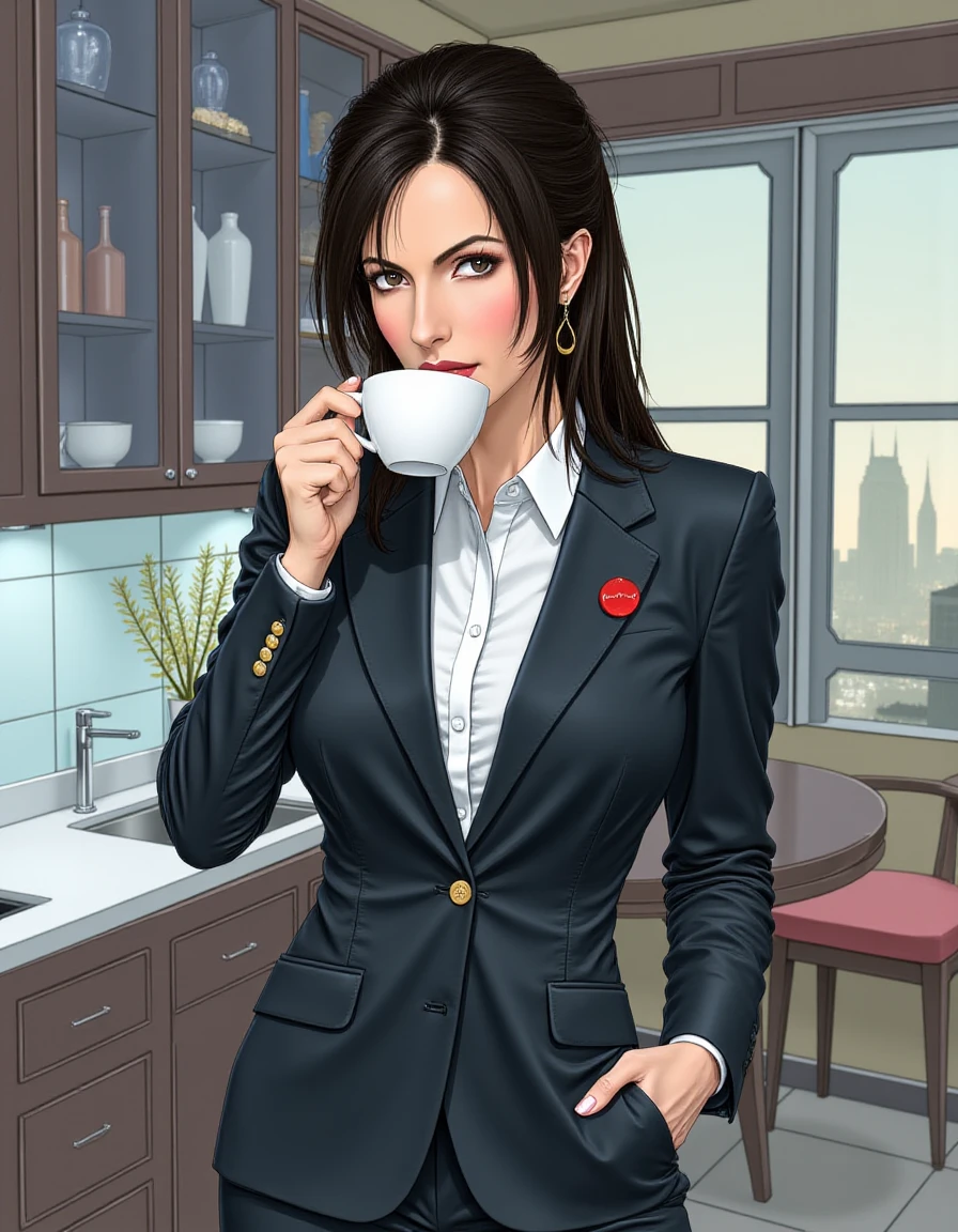 <lora:Catalina_Cruz-000007:1>, photo of a beautiful woman wearing a futuristic business suit, red pin on collar, sipping coffee from a cup in a futuristic space kitchen, mad-nglstl, illustration, <lora:patrick-nagel-style-flux:1.0>