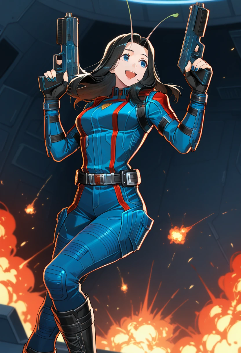 masterpiece, best quality, newest, absurdres, highres, <lora:RivalsMantisIllustrious:0.9>, MNTGOTG, antennae, black hair,blue eyes, long hair, blue jacket, utility belt, blue pants, black gloves, fingerless gloves, blue nails, black boots, spacecraft interior, fire, smile, holding gun, futuristic gun, breasts,explosion, 1 girl, solo, open mouth,