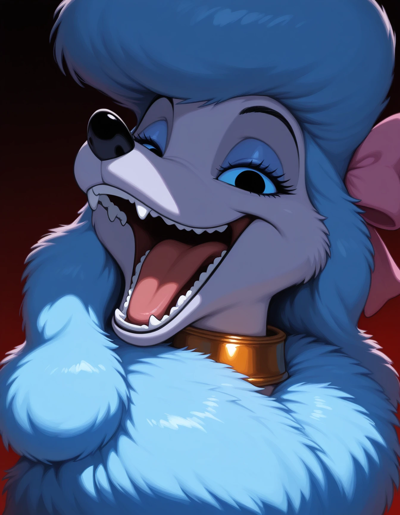 masterpiece, best quality, amazing quality, very aesthetic, high resolution
Ge0rgette, disney, poodle, light blue fluffy fur, blue mascara, gold collar, tail, pink bow on head, (dim lighting:1.2),(chiaroscuro:1.2),(blue theme:1.3),upper body,background and red background,(hand on own face:0.6),(head tilt:1.2),yandere,cinematic lighting,close-up,sidelighting, open mouth,
<lora:Ge0rgette_il:0.9>