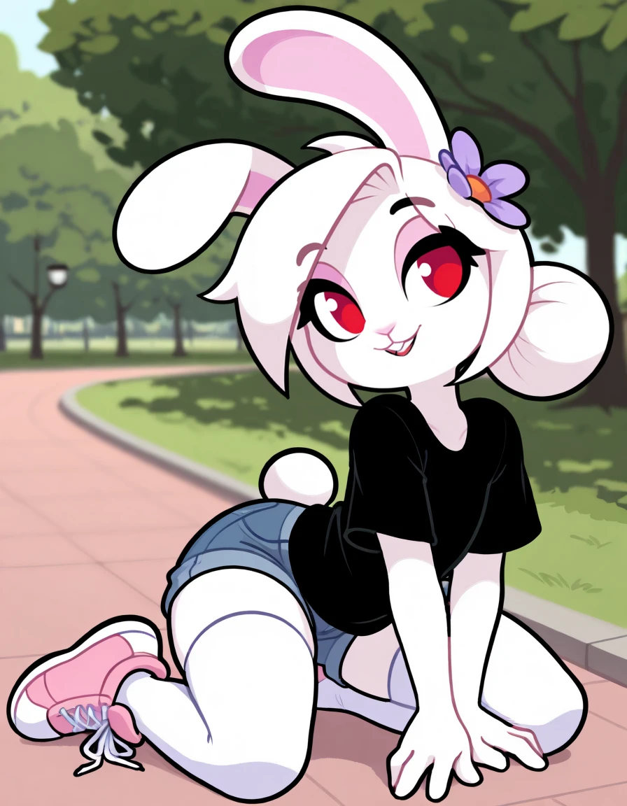 masterpiece, best quality,
outdoors,park,
full body,seductive smile,parted lips,long eyelashes,
black shirt,denim shorts, white thighhighs, sports footwear,
<lora:Carrots_v01_ILXL:1>,
C4rr0ts,1girl,solo,furry female,rabbit girl,rabbit ears,red eyes,white hair,body fur,white fur,rabbit tail,animal nose,hair ornament,hair flower,hair bun,buck teeth,