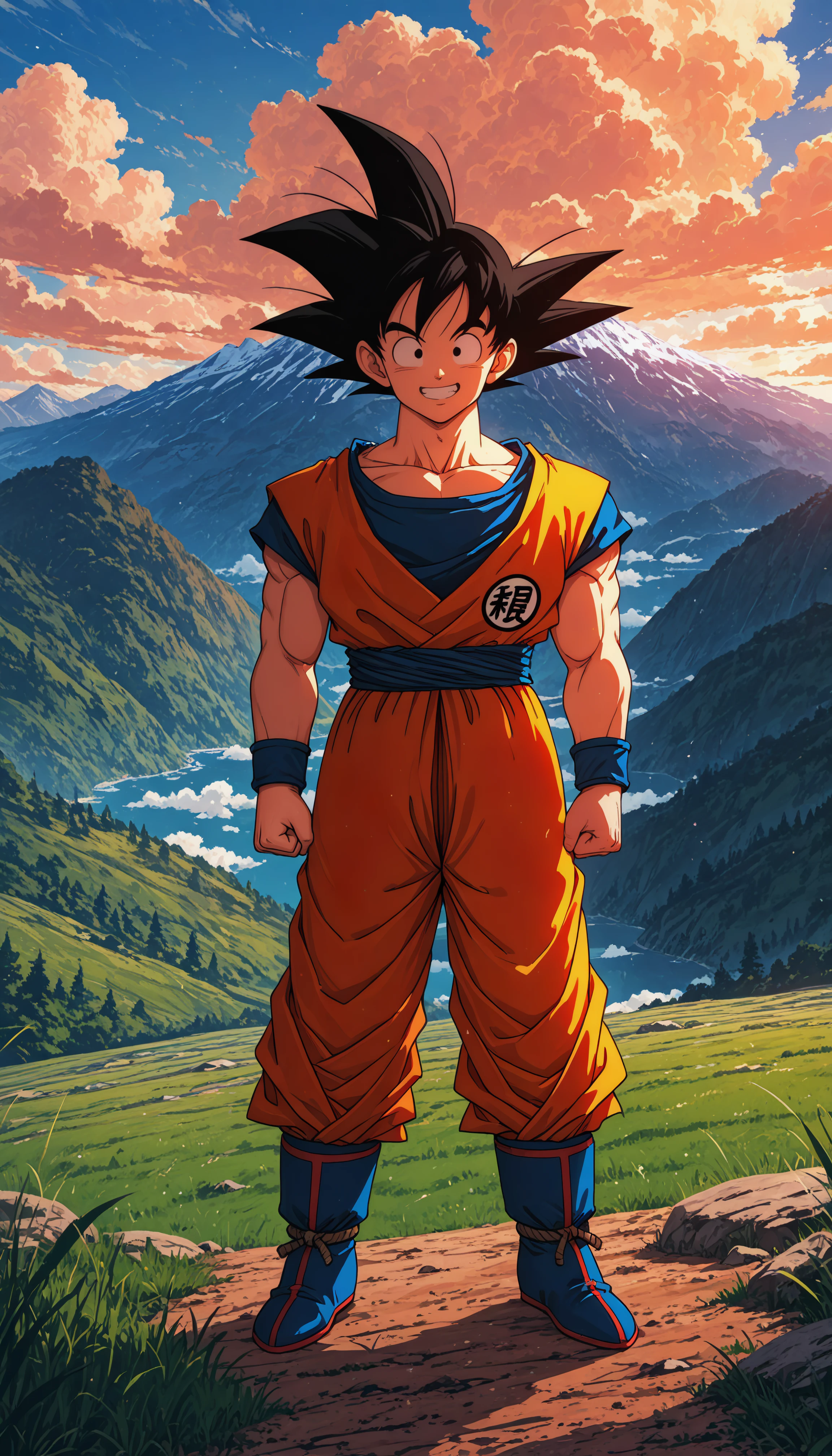 aniwall, anime, aesthetic, 8k wallpaper, detailed, son_goku, solo, smile, black_hair, 1boy, standing, collarbone, full_body, male_focus, boots, outdoors, sky, teeth, day, cloud, grin, black_eyes, blue_sky, cloudy_sky, grass, spiked_hair, wristband, nature, clothes_writing, clenched_hands, mountain, arms_at_sides, male_, looking_afar, dougi, hill, hdr, low contrast,
masterpiece, best quality, absurdres, highres, perfect anatomy, perfect lighting, (sharp image), dynamic angle