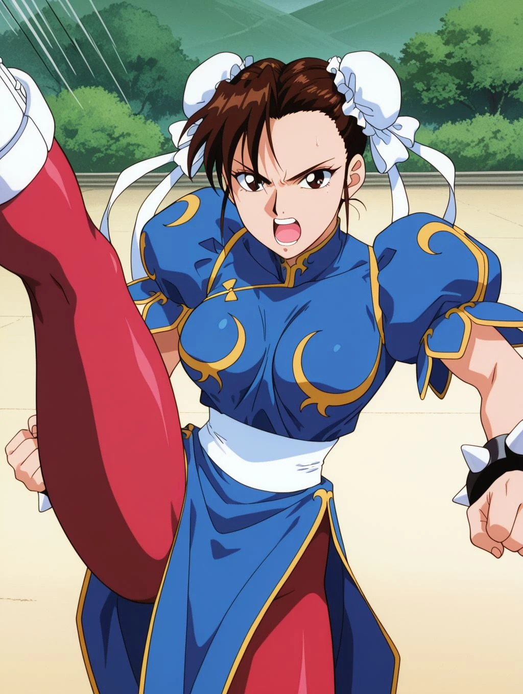 masterpiece, best quality, newest, absurdres, highres, detailed eyes, beautiful, detailed background, perfect eyes, anime coloring, anime screencap, 1990s \(style\), 1girl, solo, mature female, chun-li, brown hair, bangs, short hair, double bun, bun cover, brown eyes, medium breasts, chinese clothes, blue dress, puffy short sleeves, sash, pelvic curtain, red pantyhose, white boots, spiked bracelet, looking at viewer, angry, open mouth, teeth, incoming attack, incoming kick, kicking, (motion blur, motion lines:1.2), (outdoors), <lora:chunli_sf2m_illus-05:0.8>