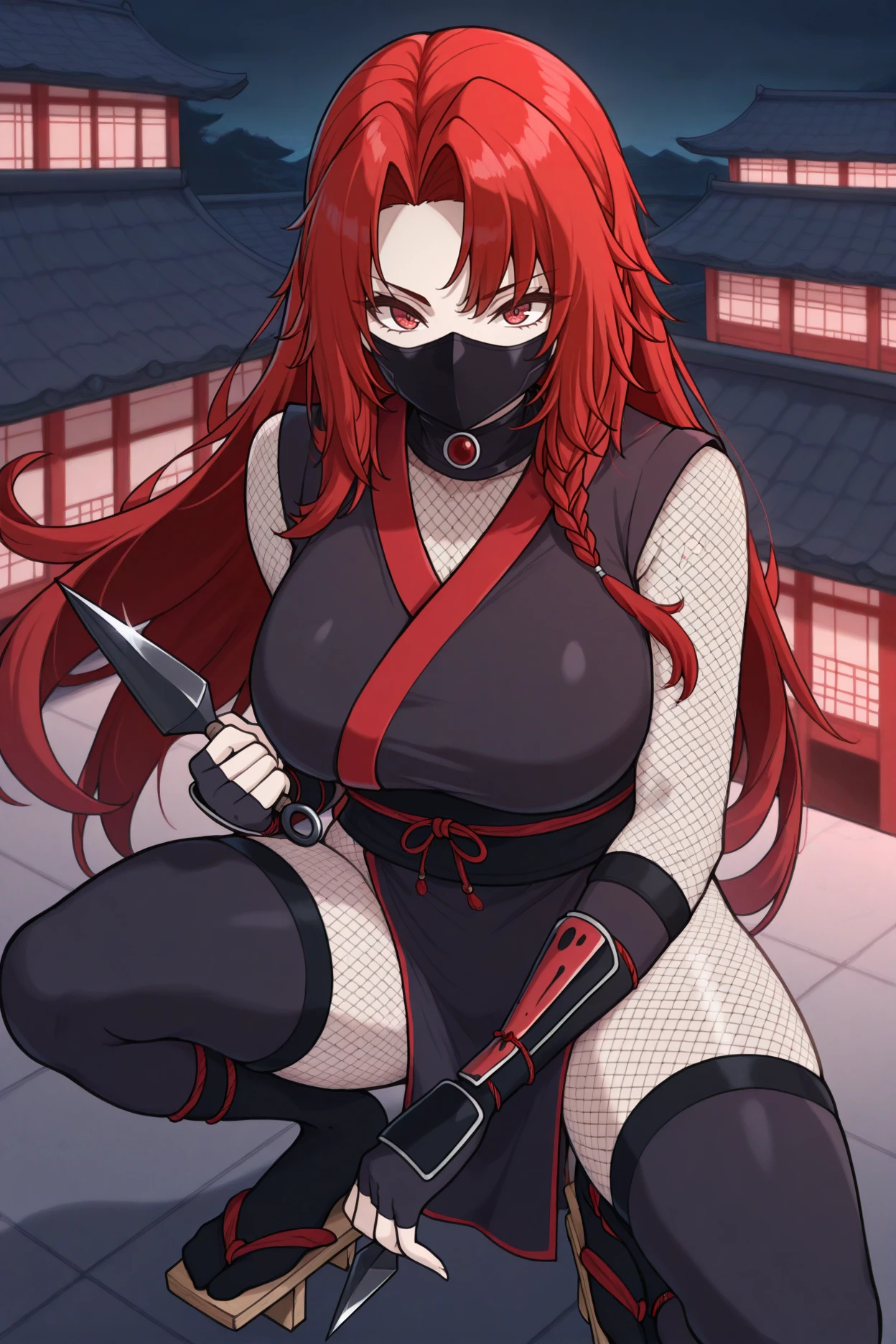 masterpiece, best quality, 1girl, solo, <lora:irismidgar-illu-nvwls-v1-000006:1> imidgar, red hair, long hair, parted bangs, side braid, red eyes, ninja outfit, kimono, fishnets, ninja mask, serious, looking at viewer, large breasts, holding kunai, squatting, geta, rooftop, japanese architecture, night, pelvic curtain