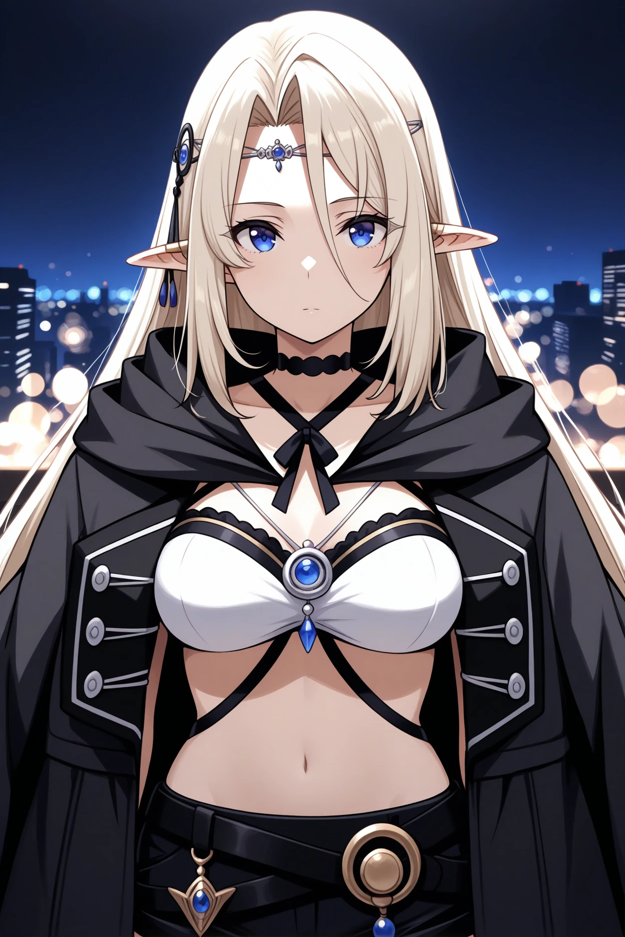 masterpiece, best quality, 1girl, solo, <lora:sdbeatrix-illu-nvwls-v1-000006:1> sdbtr, pointy ears, platinum blonde hair, long hair, hair between eyes, blue eyes, circlet, hair ornament, black choker, white tube top, criss-cross halter, black straps, black shorts, short shorts, belt, black coat on shoulders, black cloak, upper body, city, night, bokeh, looking at viewer, expressionless, portrait, pendant