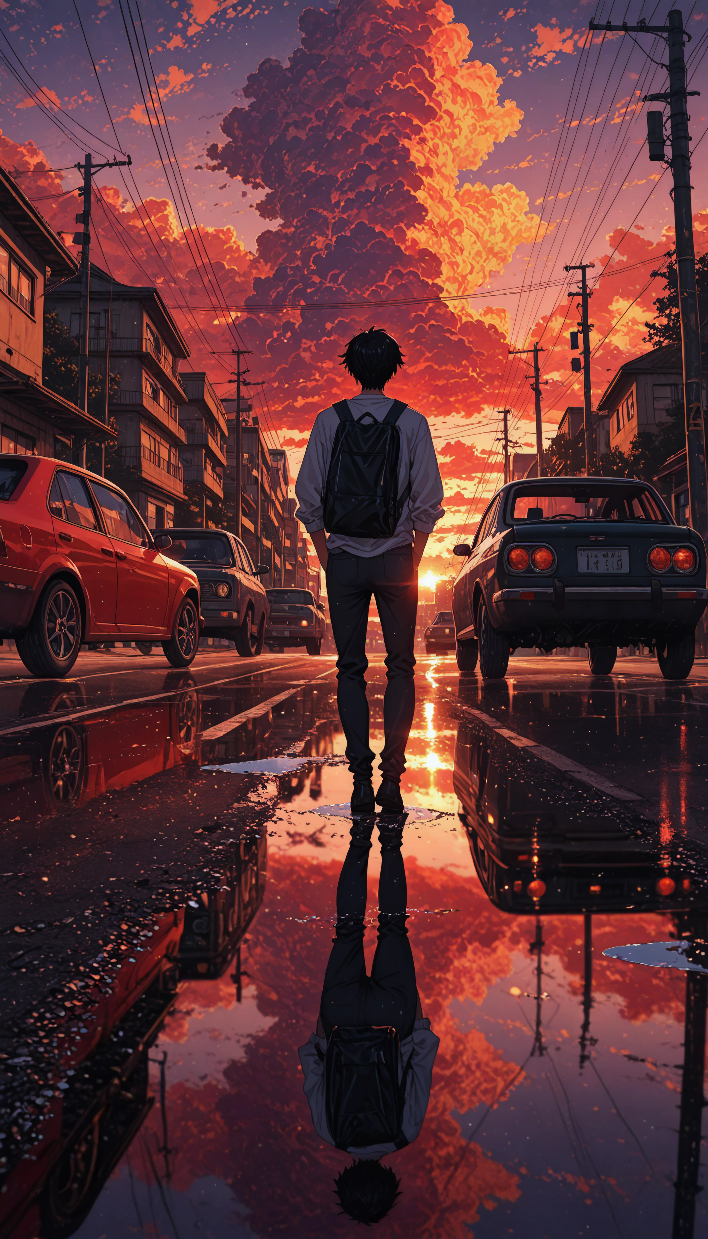 aniwall, anime, aesthetic, 8k wallpaper, detailed, solo, short_hair, shirt, black_hair, long_sleeves, 1boy, standing, male_focus, outdoors, sky, pants, cloud, water, bag, from_behind, cloudy_sky, ground_vehicle, building, scenery, motor_vehicle, lens_flare, reflection, sunset, city, car, road, wide_shot, power_lines, twilight, utility_pole, evening, puddle, traffic_light, cumulonimbus_cloud, hdr, low contrast,
masterpiece, best quality, absurdres, highres, perfect anatomy, perfect lighting, (sharp image), dynamic angle