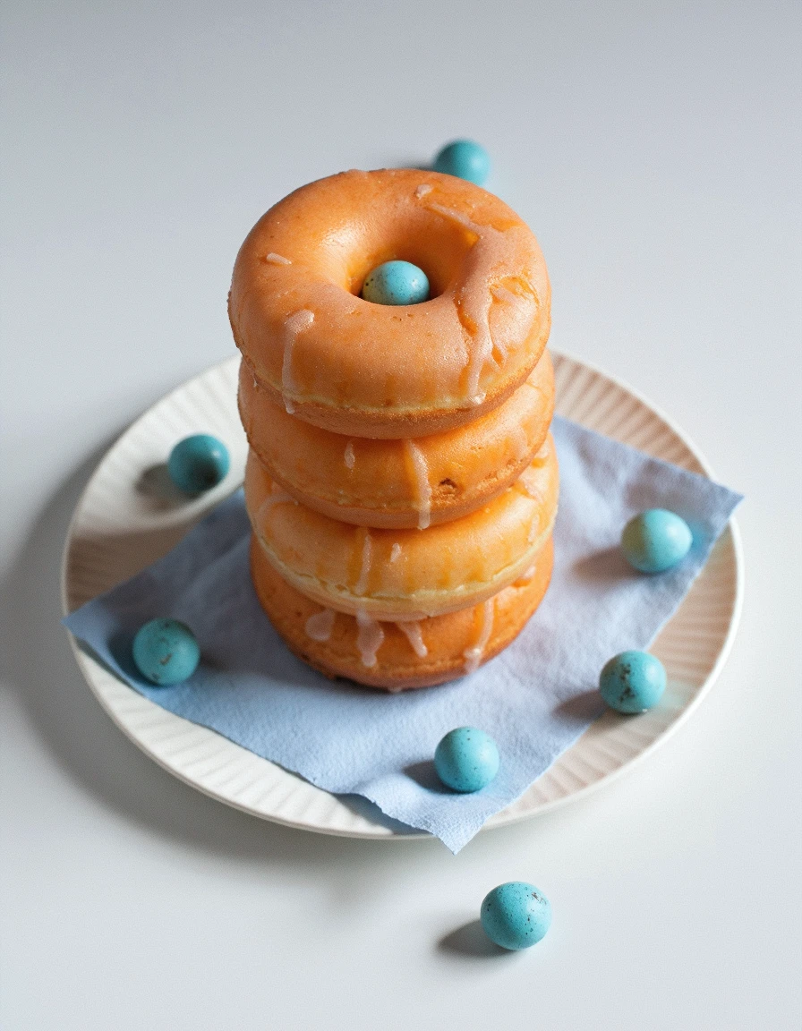 foodpho , High resolution food photography style using Sony A7RIV, The image shows a white plate with three donuts stacked on top of each other. The donuts are glazed with a light orange glaze and have a small blue ball on top. The plate is placed on a light blue napkin with a few small blue eggs scattered around it. The background is plain white. The image is detailed and shot using a 50mm f 1.8 lens.
