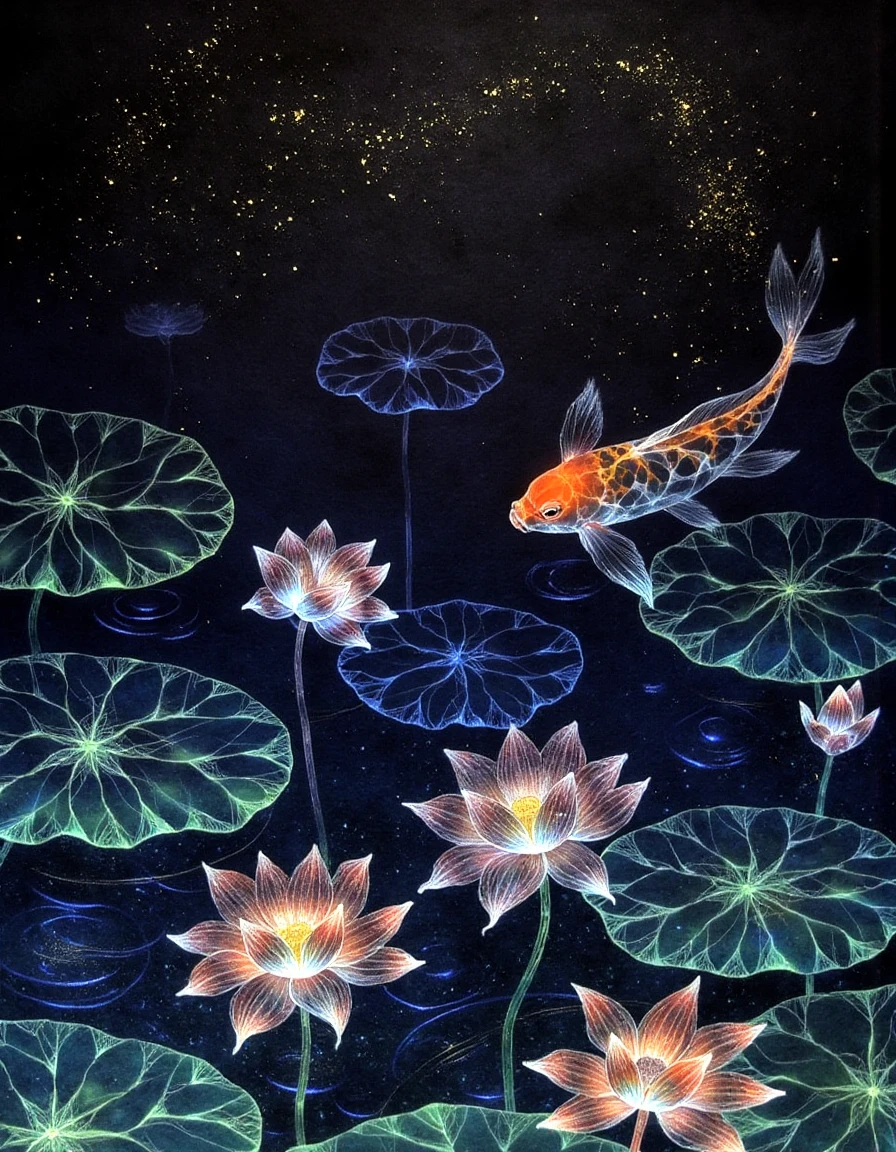 a dinhng style painting , a glowing koi pond with translucent water and intricate flowers, illuminated by a starry night sky with golden and mystical atmosphere, <lora:nihonga-stardust_v32-000070:1>