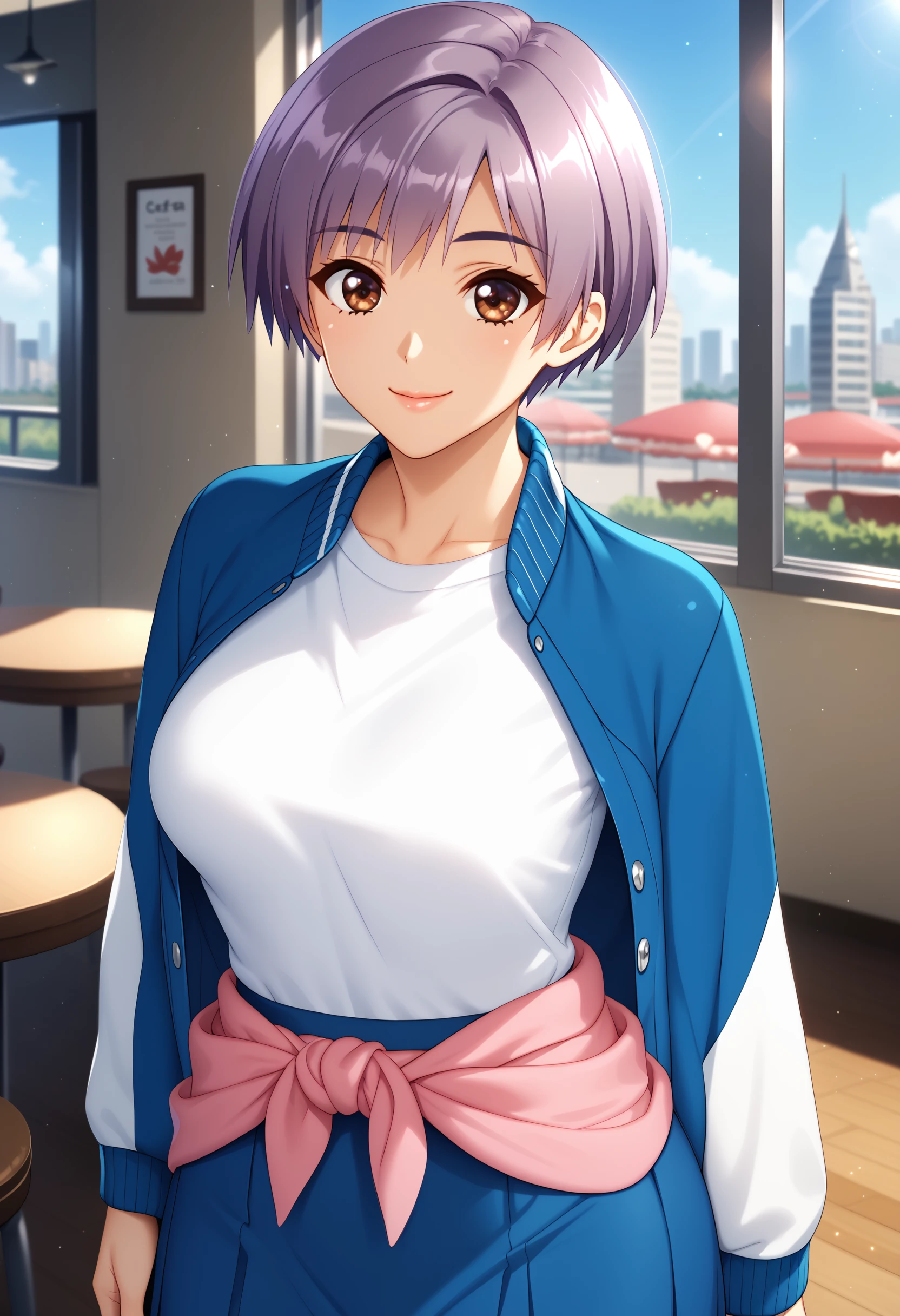 score_9, score_8_up, score_7_up, BREAK   <lora:SAatomi:1> ,saatomi, 1girl,brown eyes,purple hair,short hair,medium breasts,hand on hip,blue jacket,track jacket,long sleeves,white t-shirt,blue skirt, miniskirt,pink clothes around waist,indoors,cafe,day,light particles,cowboy shot,looking at viewer,smiling,window,city