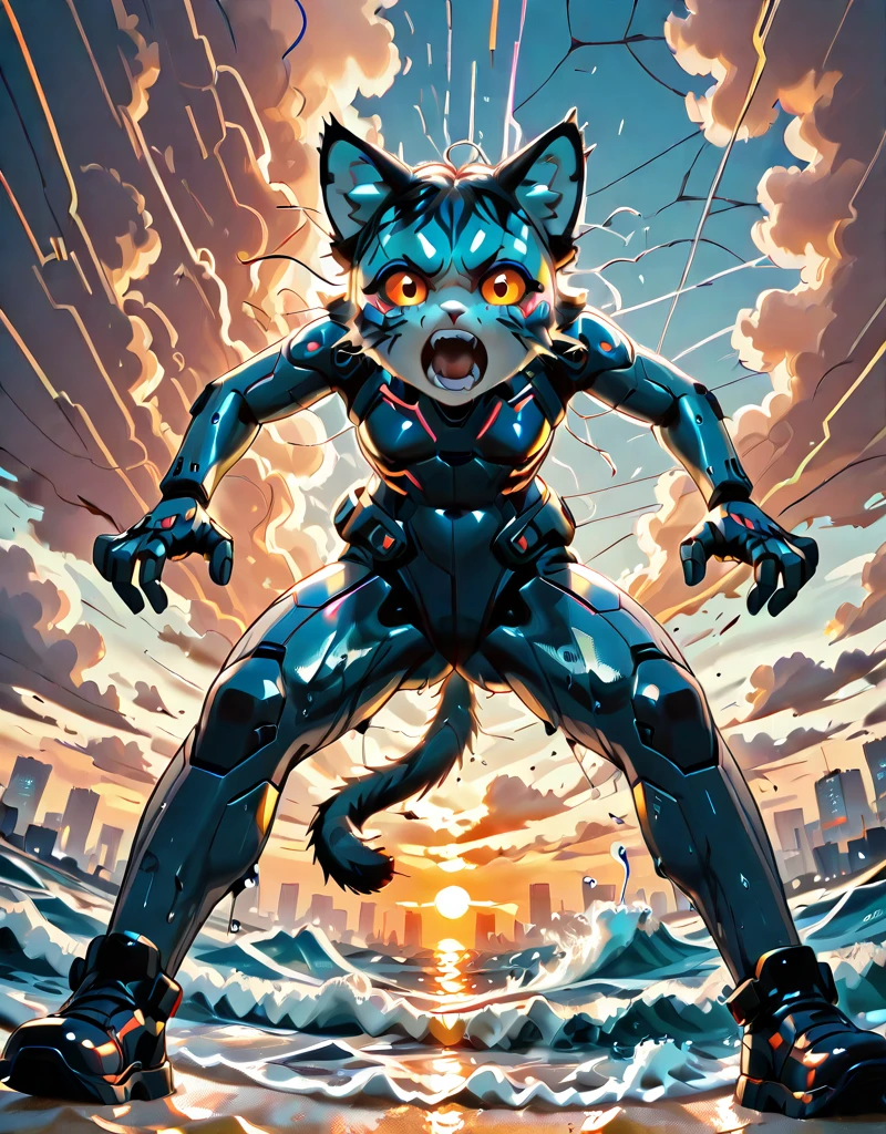 <lora:Space_Worlds_02__Dark:1.0> sw02d_illus, cyberpunk city, from below, sunset, very wet, waves, sand shore, shouting cat face