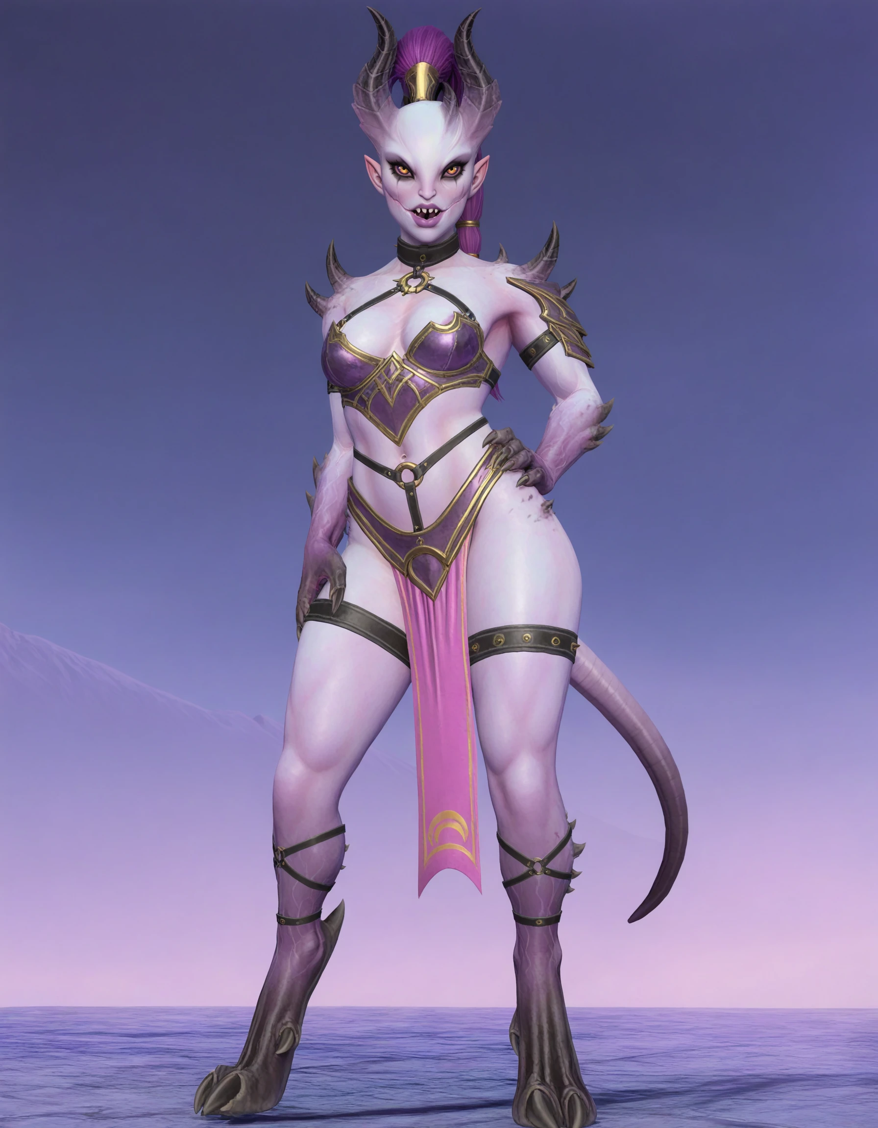 masterpiece, good quality, best quality, (justsomenoob:0.4), purple background, 
ExaltedDaemonette, colored skin, purple skin, horns, monster girl,
digitigrade, 
<lora:Daemonette_Vpred:0.7>
