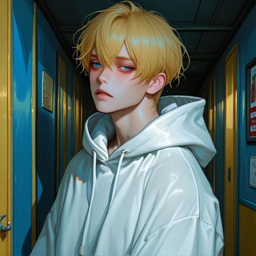 anime-style drawing of a young man with pale skin and short, messy blonde hair, wearing a white hoodie with a drawstring, standing in a dimly lit hallway with blue and yellow walls, looking slightly to the side with a neutral expression, soft light reflecting off the hoodie, detailed shading and highlights, realistic textures, semi-realistic art style, melancholic mood, subtle blush on cheeks, thin eyebrows, thin lips, casual and relaxed pose, slightly messy hair, soft and muted color palette, soft shadows, reflective surfaces, modern anime aesthetic, subtle glow around the edges of the hoodie, focus on the character's face and upper body, high detail in the clothing folds, sense of depth and perspective in the background, slight blur in the background to emphasize the character, light source from the front, slight lens flare, warm and cool color contrast, realistic light and shadow play, slight motion blur in the hair, semi-digital painting style, inspired by contemporary anime and manga art, intricate details, soft and smooth textures, realistic lighting and shading, emotional depth, atmospheric and moody composition.