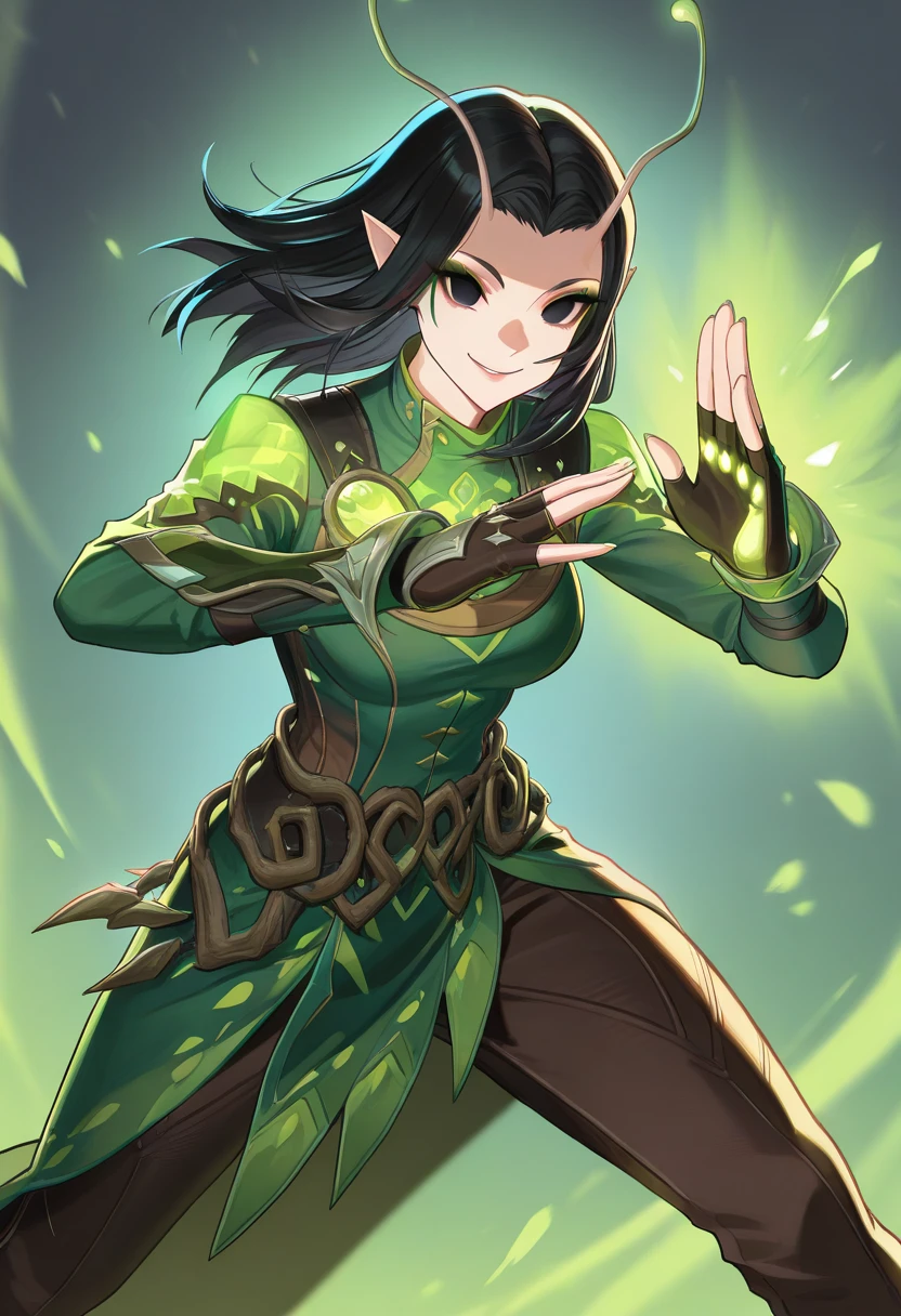 masterpiece, best quality, newest, absurdres, highres,  <lora:RivalsMantisIllustrious:0.9>,  RVLSMNT, antennae, black hair, medium hair,  makeup, pointy ears, empty eyes, green robe, long sleeves, fingerless gloves, brown pants,  smile, fighting stance, palms, green energy, green glow, 1 girl, solo,  looking at viewer,