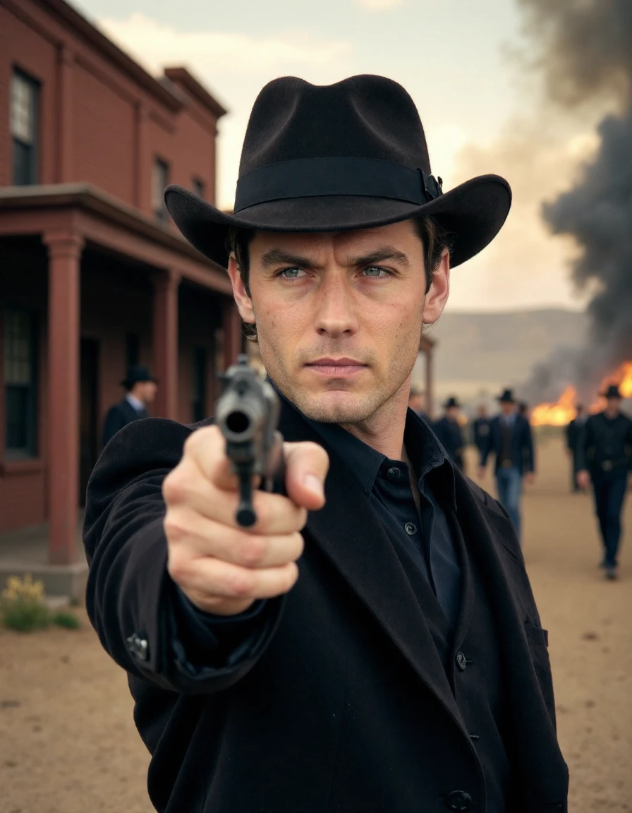 <lora:Jude_Law_Ca2004:1> man Solo, Wearing All Black, Black Overcoat, Black Hat, Black Suit, Black Boots, In One Hand Holding A Colt Revolver, Aiming At Targets That Are Off-Screen, Serious Look On Face, Location Is Tombstone, Arizona, Circa 1855, Shootout At The Ok Corral, Smoke Is In The Air, Danger All Around, Chaos, Golden Hour, Sun Reflections, A Building Is On Fire In The Background But Blurred., Extreme Close-Up, Zoomed, Focus On Face, Centered, Macro Shot, Face Centered, Focus On Eyes, Looking Directly At The Viewer, Looking Directly At The Camera, Making Eye Contact, Looking Straight Ahead, <lora:zz_s_Chest_Size_Slider:-2> High Collar, Chest Covered