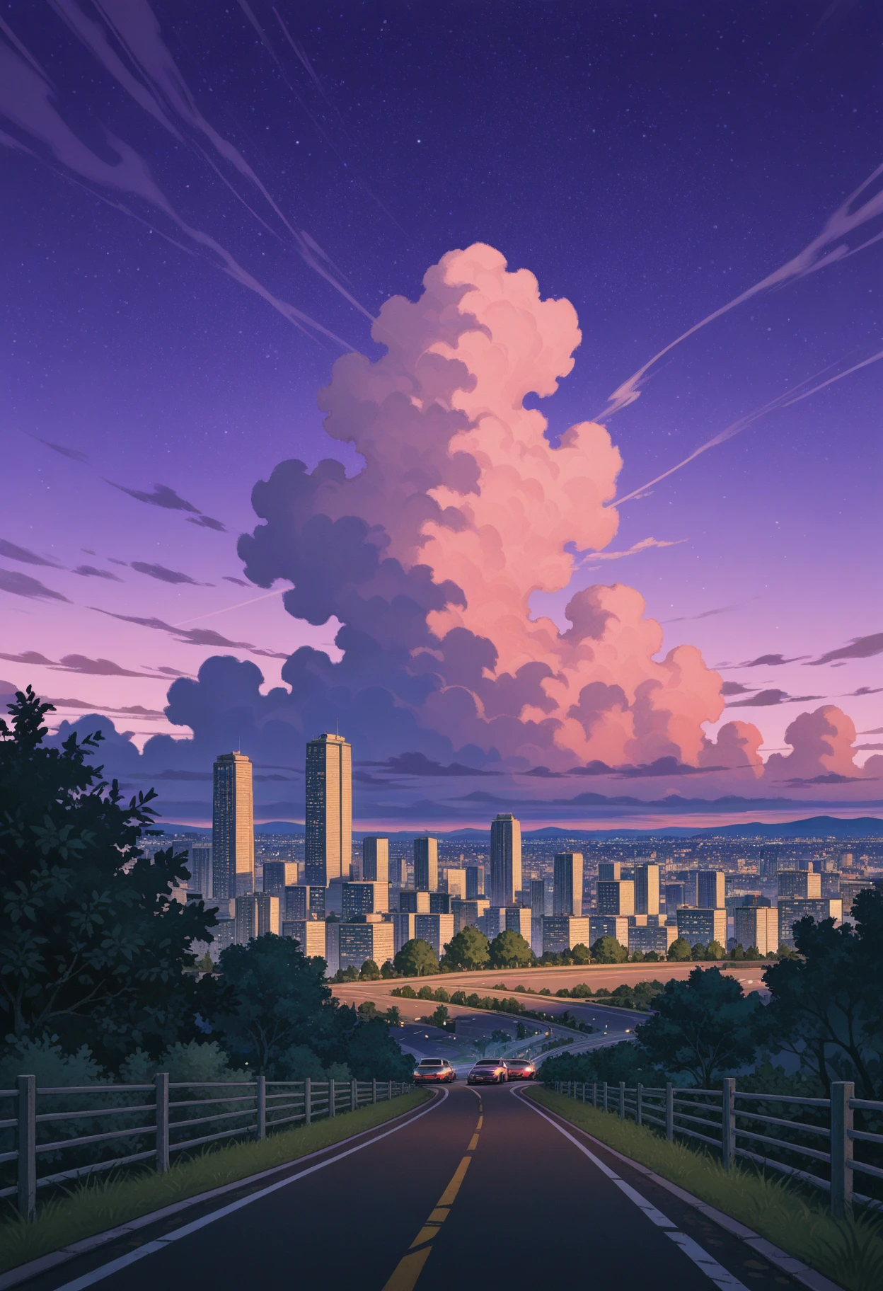 <lora:AniHuaILXL:1> an1hu4,
motor vehicle, car, scenery, cloud, tree, ((sky)), road, no humans, building, purple sky, outdoors, grass, city, sunset, star, bush, evening, fence, twilight, pink sky, cityscape, starry sky, cloudy sky, skyscraper, skyline, masterpiece, best quality, amazing quality, intricate detail, highly detailed, absurdres,