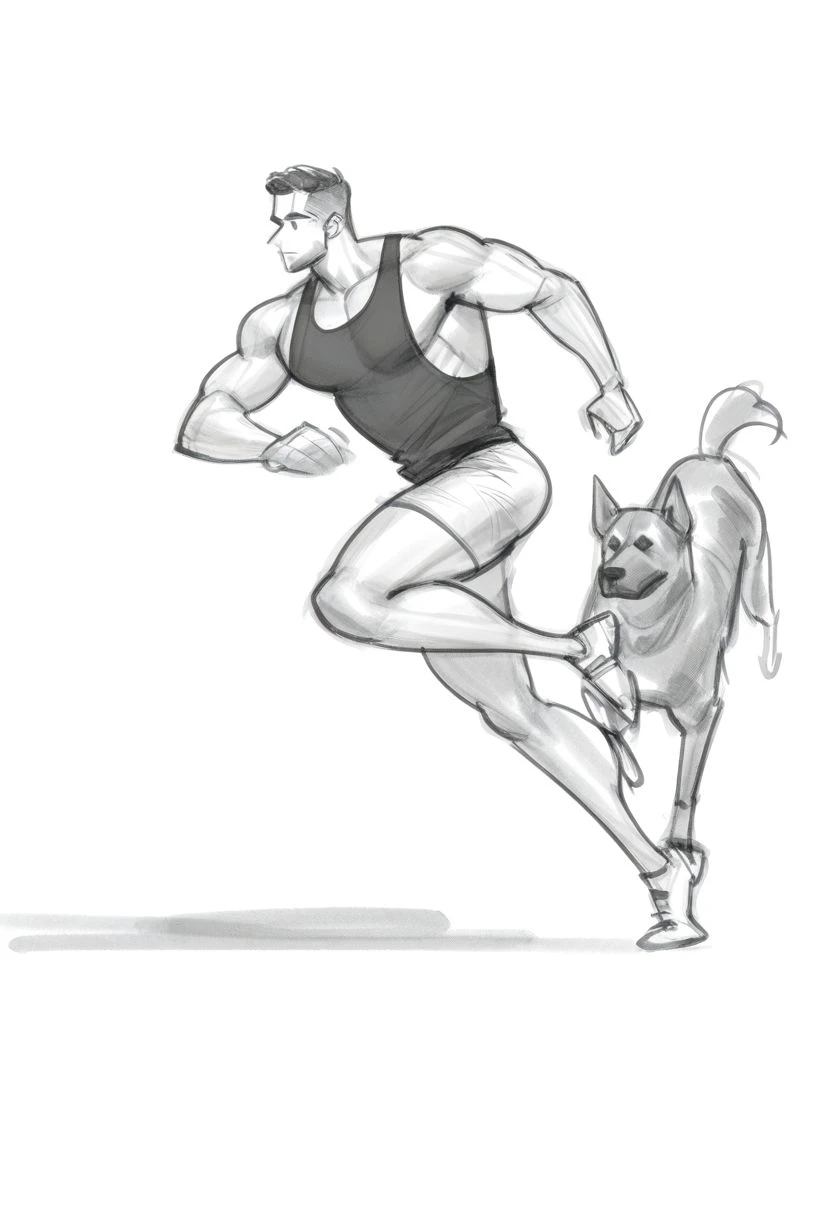 1boy,muscular,solo,muscular male,dynamic pose,
shadow,draft,monochrome,greyscale,sketch,lineart,white background,
black tank top,animal,dog,running,
<lora:simple_lineart-IL:0.8>,