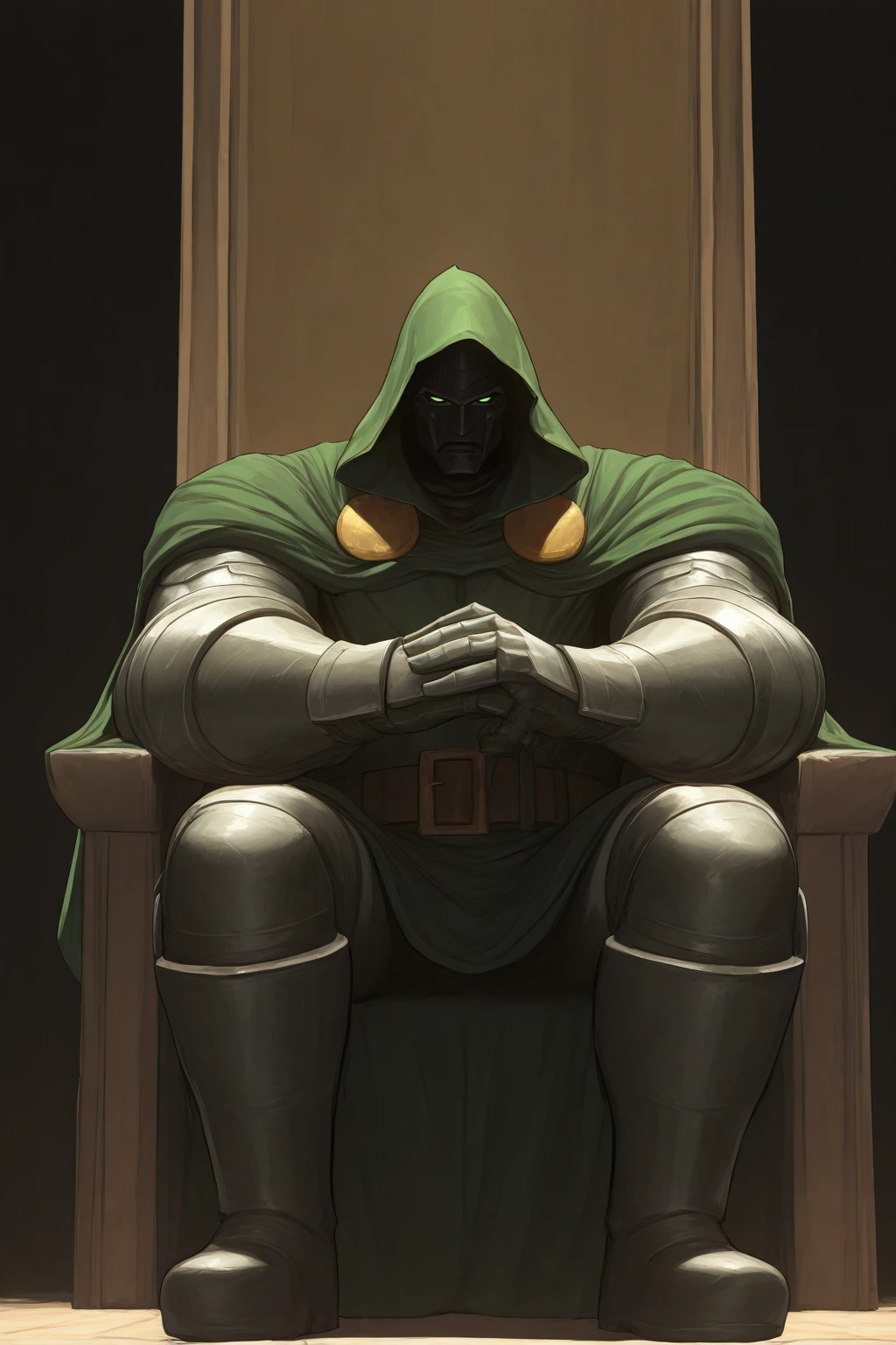 masterpiece, good quality, best quality, very awa, very as2, absurdres, highres
<lora:Doctor DoomilluLoRA:1>drdm,1boy, hood, cape, belt, armor, cloak, mask, gauntlets, muscular, boots, sitting, throne, dark, castle, torches, own_hands together, glowing eyes