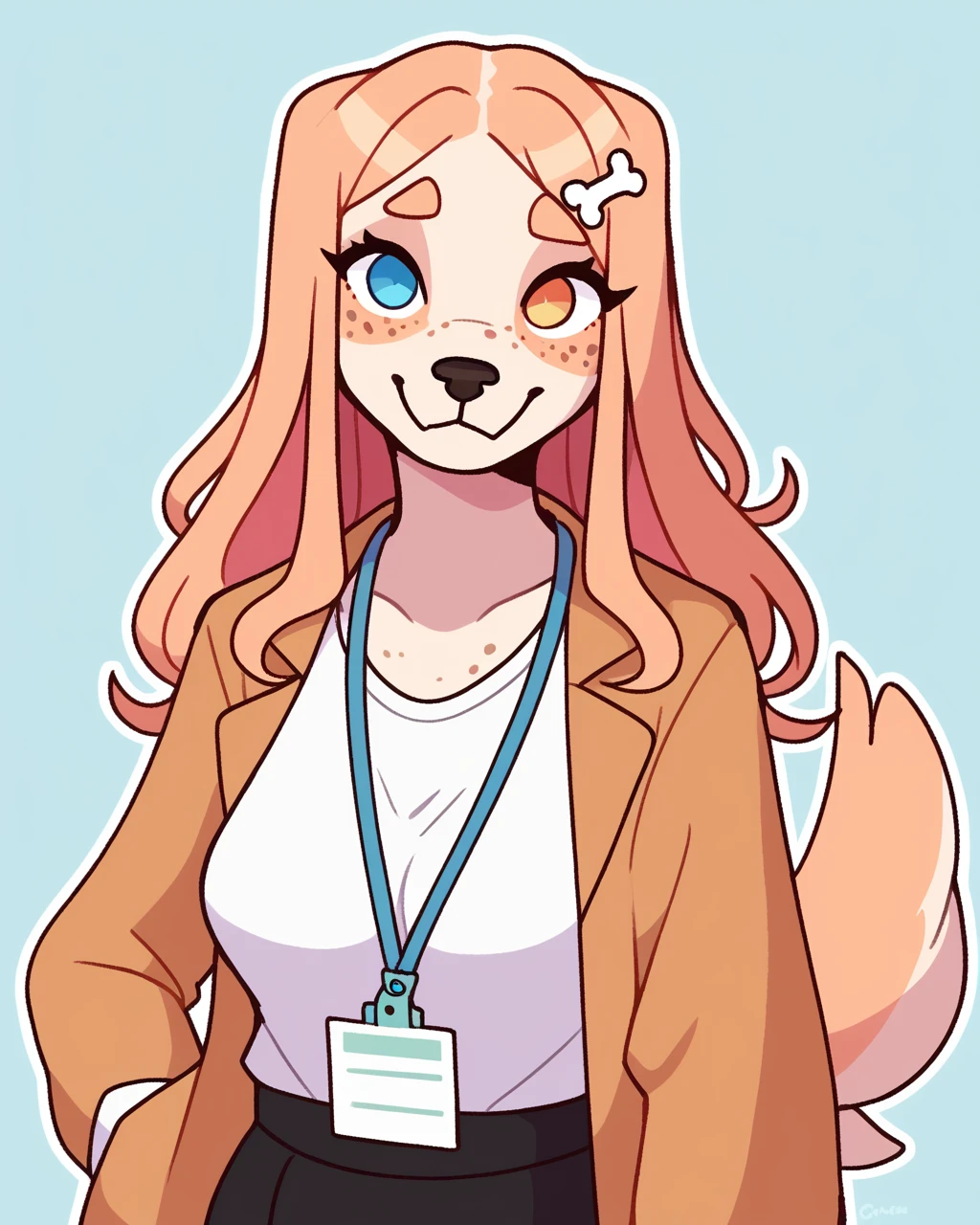 score_9_up, score_8_up, score_7_up, score_6_up, by remanedur, half-length portrait, medium breasts, long hair, dog, heterochromia, office lady, lanyard, skirt, shirt, white shirt, jacket, bone hair ornament, freckles, female, looking at viewer, tail, solo, happy, smile, three-quarter view, head tilt, simple background, white outline,<lora:Leah_Pines(AIM)_XL_v1:0.15> <lora:PDXL_artist_tags_v2_big:0.5> <lora:The-Minuscule-Task_PDXL_v1.0:0.6> <lora:Clover_FoxyPew:0.5>