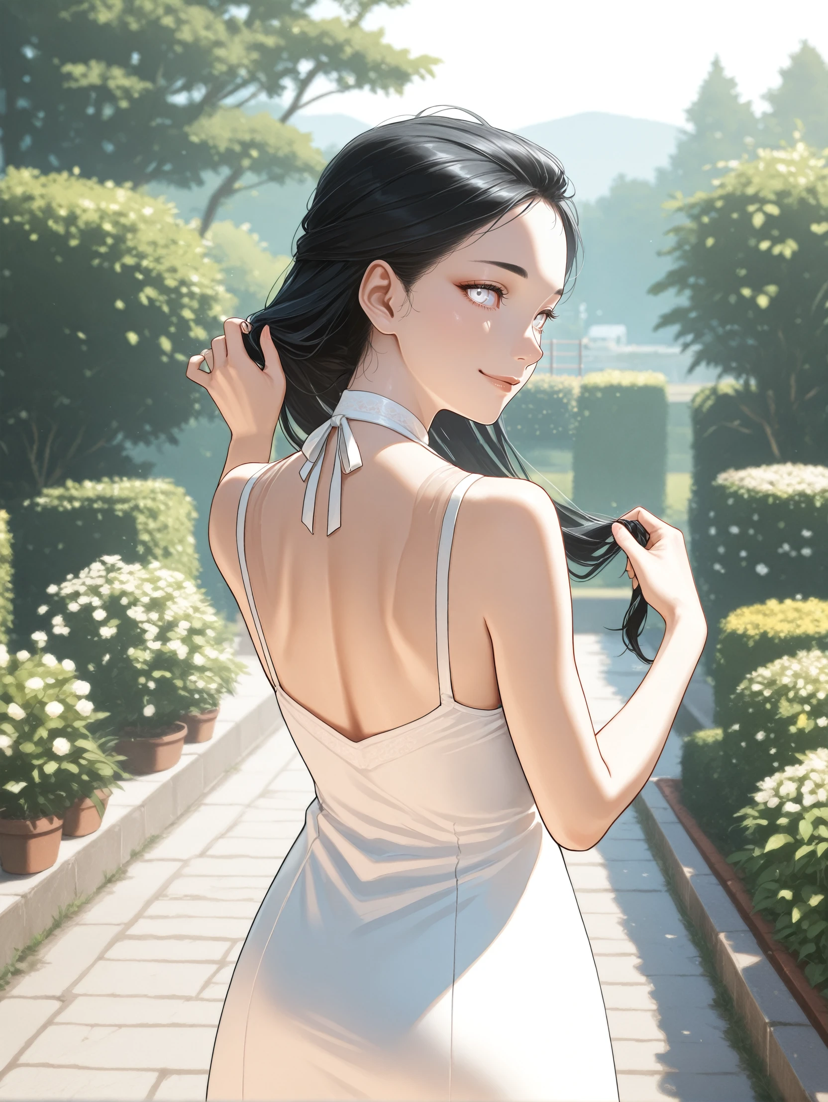 masterpiece, best quality, absurdres,
<lora:ILCyberHanako:1.0>
CyberHanako, 1girl, black hair, white eyes, looking at viewer, , looking back, smile, holding own hair, back, sundress, outdoors, garden