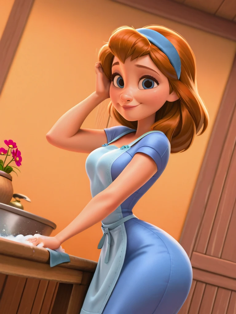 DisneyStudioXL, cinematic,
1girl, (belle \(disney\):1.1), dress, hairband, apron, medium breasts, narrow waist, wide hips,
smile, happy, dutch angle, cute pose, looking at viewer, indoors, wooden table, flowers around, dynamic pose, cowboy shot, washing, one hand on hair,, from side,
<lora:DisneyStudios_style-12IL:1>