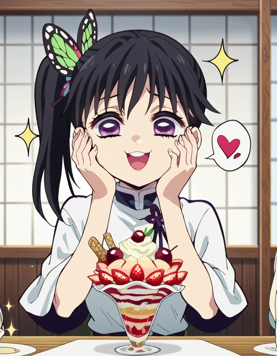 fscore_9, score_8_up, score_7_up, source_anime, <lora:kanao-tsuyuri-anime-ponyxl-lora-nochekaiser:1>, kanao tsuyuri, black hair, butterfly, butterfly hair ornament, purple eyes, side ponytail, ponytail, medium breasts, anime screencap, <lora:parfait-ponyxl-lora-nochekaiser:1>, parfait, open mouth, heart, food, sparkle, fruit, happy, hand on own face, spoken heart, ice cream, strawberry, spoon, hand on own cheek, cherry, holding spoon, ,