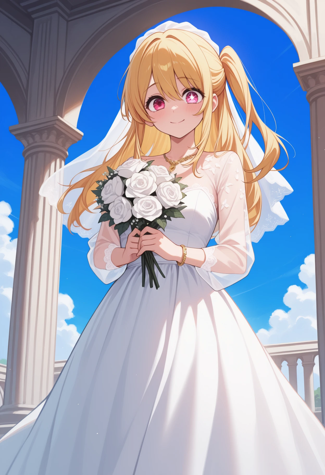 masterpiece, best quality, newest, solo, 1girl, rbhshndef, blush, smile, looking at viewer, holding bouquet, long hair, blonde hair, sidelocks, hair between eyes, one side up, white veil, pink eyes, mismatched pupils, star-shaped pupils, raised eyebrows, lace, long dress, white dress, wedding dress, lace-trimmed dress, long sleeves, see-through sleeves, gold necklace, bracelet, blue sky, cloud, arch, white flower, rose, pillar
<segment:yolo-Anzhc Face seg 640 v2 y8n.pt,0.4,0.5//cid=1>