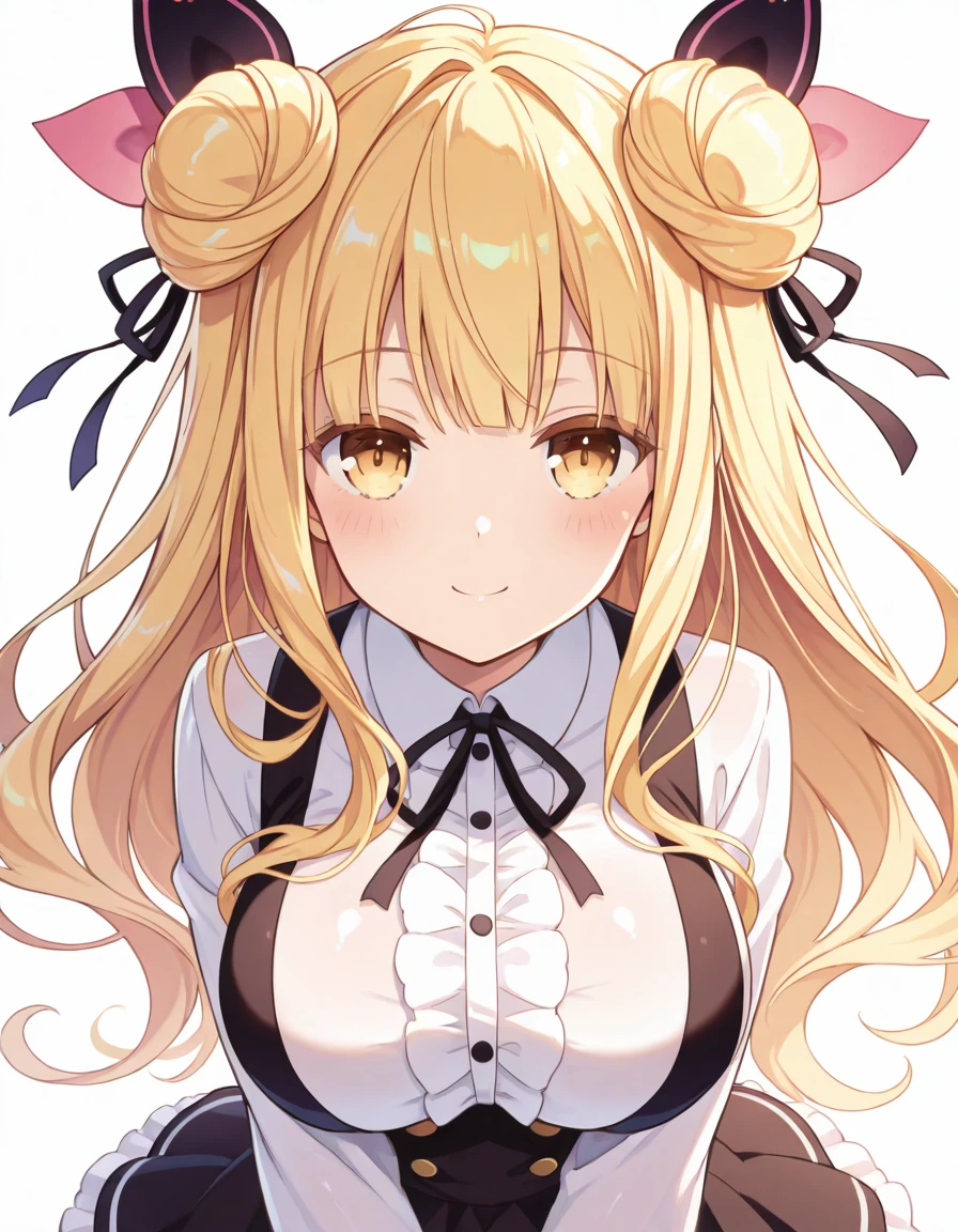 Volumetric Lighting, (masterpiece), (best quality), (ultra-detailed), masterpiece, source_anime, score_9, score_8_up, score_7_up BREAK, illustration, disheveled hair, detailed eyes, perfect composition, moist skin, intricate details BREAK, light depth, BREAK, ], Mukuro, yellow eyes,large breasts, blonde hair, double bun,long hair, blunt bangs BREAK, MukuroCasual, csl_shirt, csl_suspenders, csl_hair_bow,csl_neck_ribbon, csl_skirt BREAK, looking at viewer, simple background, white background, standing,smile, upper body