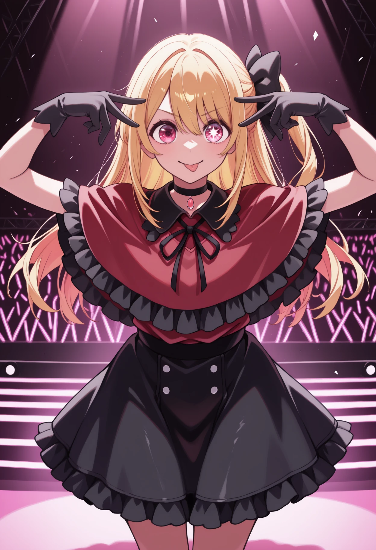 masterpiece, best quality, newest, solo, 1girl, rbhshnidol, aihsnpose, smile, tongue out, double v, long hair, blonde hair, sidelocks, hair between eyes, one side up, hair bow, black bow, pink eyes, mismatched pupils, star-shaped pupils, idol clothes, frills, red capelet, frilled capelet, collared capelet, neck ribbon, black ribbon, red shirt, black gloves, black skirt, frilled skirt, black choker, concert, stage, spotlight
<segment:yolo-Anzhc Face seg 640 v2 y8n.pt,0.4,0.5//cid=1>